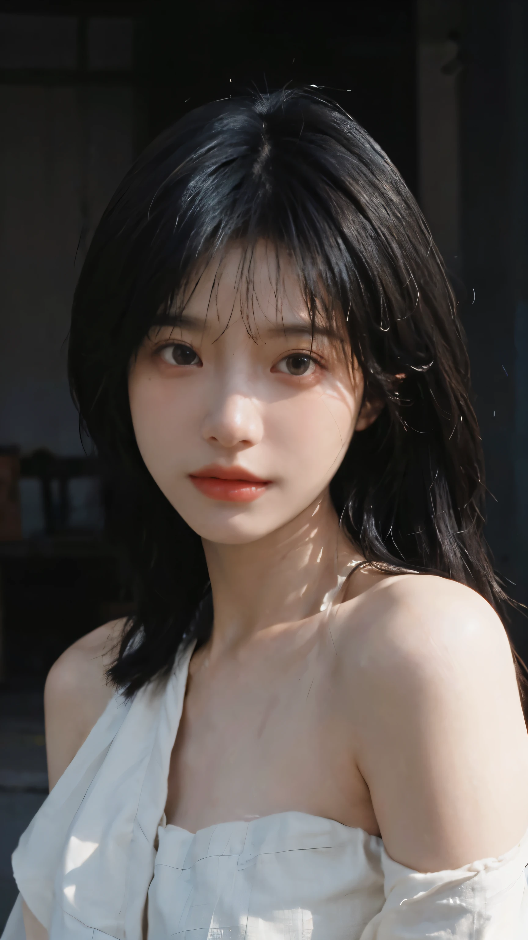 Film Portrait Photography, 1 girl, Bare shoulders, Shoulder-Length Wavy Hair, serene, calm, (Realistic and detailed eyes, Natural skin texture, Realistic facial details), Soft dramatic lighting, Depth of Field, Bokeh, Vivid details, Detailed and detailed, Surrealism, 35 mm film, hazy, ,