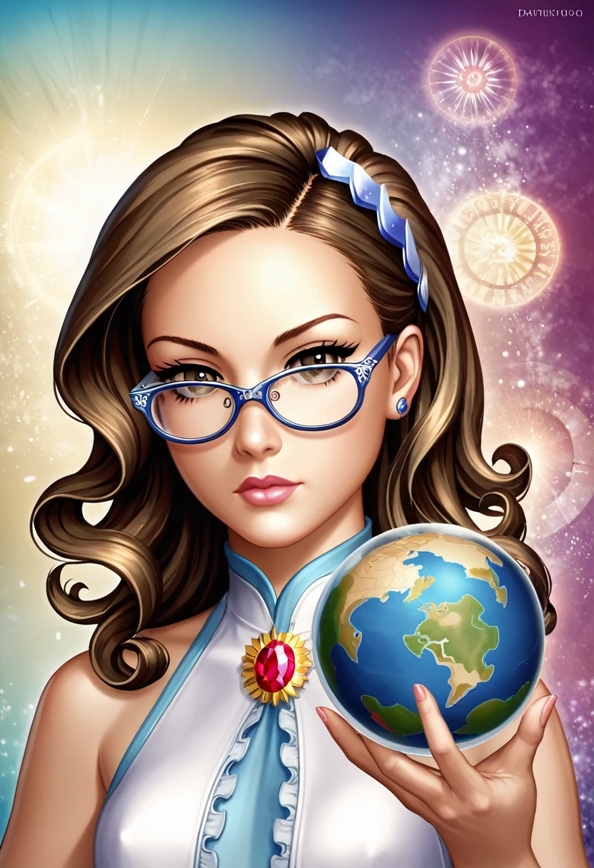 realistic, (masterpiece, top quality, Best quality, official art, beautiful and aesthetically pleasing: 1.2), very detailed, fractal art, colorful, The most detailed, (abstract background: 1.5) (1 girl with aesthetic small breasts: 1.3), tousled shaggy slightly wavy dark brown hair, Bright brown eyes, glasses with lenses, serious, medium length hair, , Milky Way, huge magical bronze and silver globe for Virgo, dream,Fantasy, bronze and silver round finish,beautiful detailed sky,Style and jewelry for Virgo, goddess with a globe in her hands,(NFV:0.8) Delicate reflective high glass railings