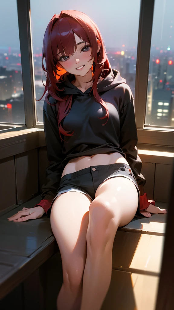 a pale girl, small breast, small ass, long red scarlet hair, scarlet eyes, black hoodie, black shorts, gray stockings, smiling with teeth, blush, sitting on a windowsill, night city outside the window, masterpiece, accurate anatomy, high detail, 4k, 8k, (best quality,4k,8k,highres,masterpiece:1.2),ultra-detailed,(realistic,photorealistic,photo-realistic:1.37),HDR,UHD,studio lighting,ultra-fine painting,sharp focus,physically-based rendering,extreme detail description,professional,vivid colors,bokeh