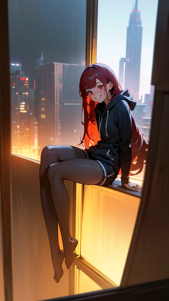 a pale girl, small breast, small ass, long red scarlet hair, scarlet eyes, black hoodie, black shorts, gray stockings, smiling with teeth, blush, sitting on a windowsill, night city outside the window, masterpiece, accurate anatomy, high detail, 4k, 8k, (best quality,4k,8k,highres,masterpiece:1.2),ultra-detailed,(realistic,photorealistic,photo-realistic:1.37),HDR,UHD,studio lighting,ultra-fine painting,sharp focus,physically-based rendering,extreme detail description,professional,vivid colors,bokeh