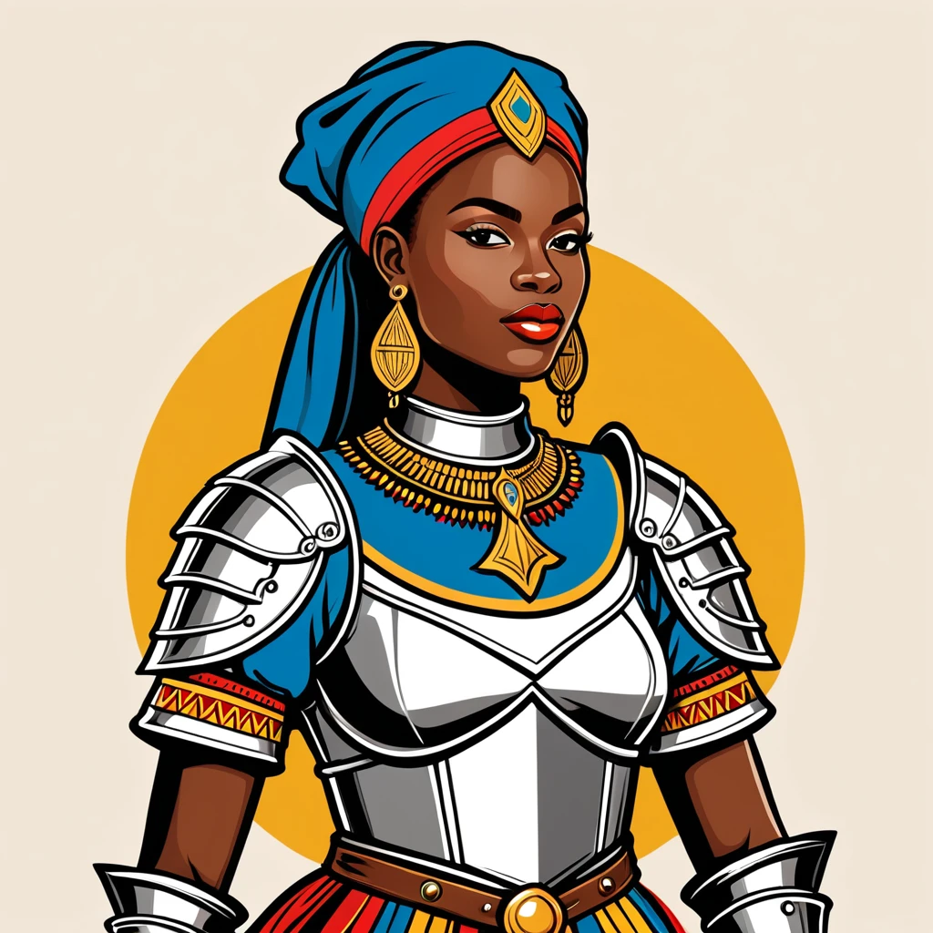 female	knight	in congo folk outfit	,vector graphics, strong contours, logo design																						