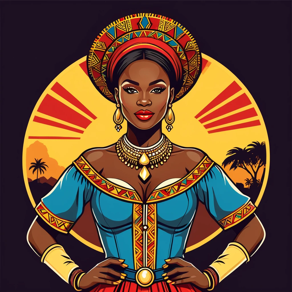 female	magician	in congo folk outfit	,vector graphics, strong contours, logo design																						