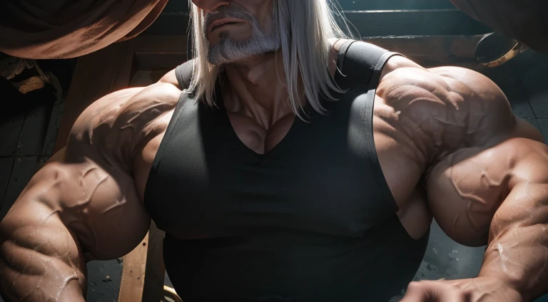 Old man, JP, An award-winning original photo, ( brown skin color), long white hair, full white beard, very detailed nose,  A wild muscular old man, large manly nose, (80 years old daddy:1.1), colossal sized nose, 1boy, Solo, (tanktop), massive nose, (big shoulders), giant nose, old man with too big a nose, musculature, stubbles, dark skin, long white hair, thick white beard, Detailed face, (evil smile), big nose, blue eyes, veins,  wrinkles, big old man nose, nose with pronounced bridge and outward curve that protrudes from the base of the nose, dark olive skin color, long nose, thin nose, brown skin, veins, absurdly huge nose, hawk nose, convex nose, well groomed moustache, (flexing his biceps), huge nose, Dynamic Angle, volumetric lighting, big pronounced nose, chiseled jawline, (Best quality, A high resolution, cartoony big nose, Photorealistic), Cinematic lighting, arched nose, larger than life nose, Masterpiece, RAW photo, Intricate details, hdr, upper body shot