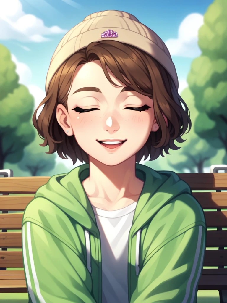 Adult, Female, Mature, Middle aged, short brown hair, messy brown hair, brown hair, wearing beige beanie, oversized clothes, skater aesthetic, oversized jacket, baggy tech wear, in a skatepark, sitting on a bench, leaning back on bench, neutral half-smile, calm, unbothered, Masterpiece, Accurate, Anatomically Correct, Best Quality, High Details, Detail, Super Detailed, Best detail, Perfect detail, Amazing detail, [-3, 3], perfect eyes, perfect irises, best eyes, best irises, Close-Up, headshot