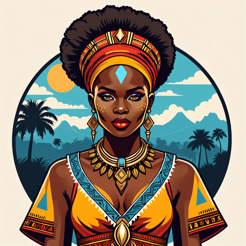 female necromancer in congo folk outfit ,vector graphics, strong contours, logo design