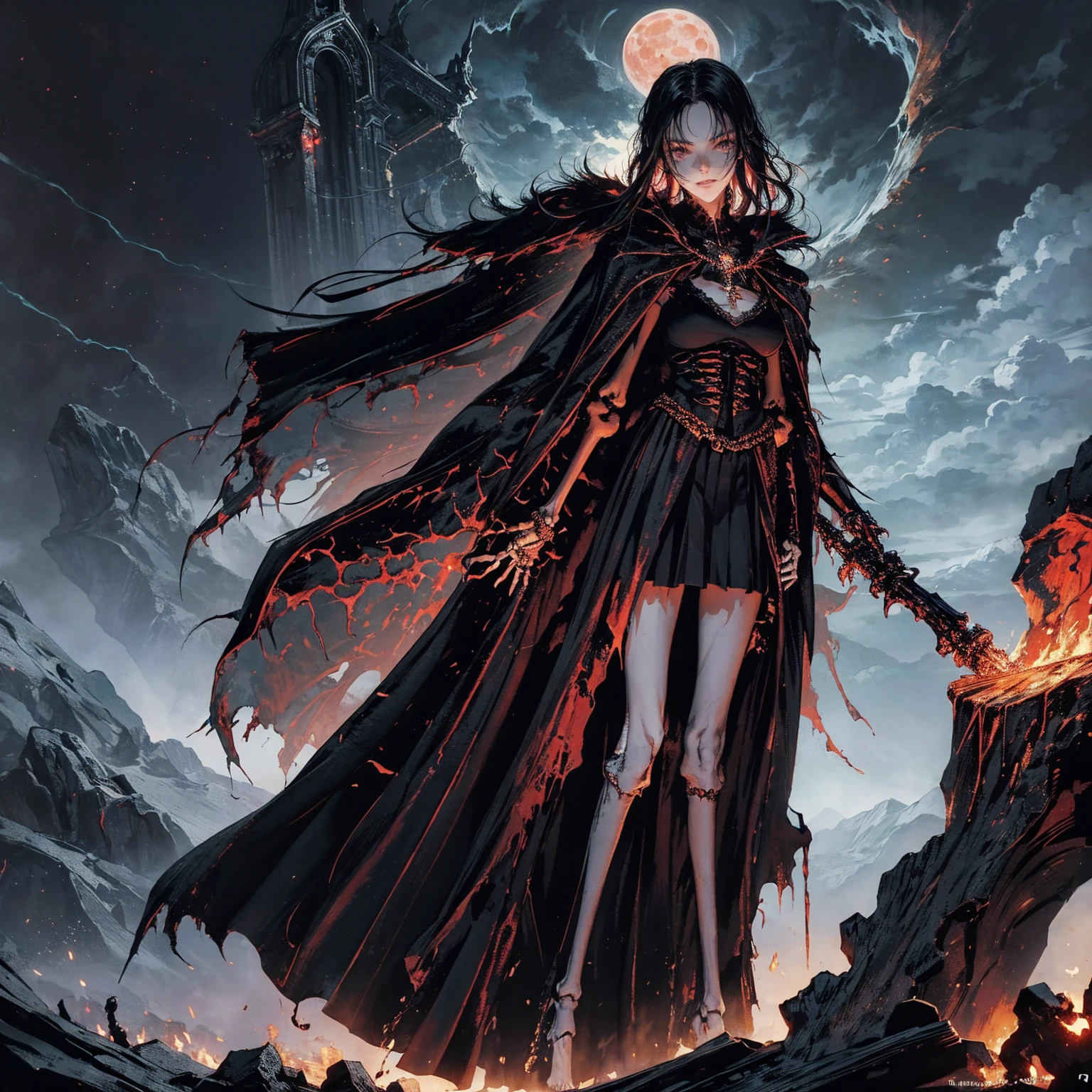 full-body shot, best quality, 4K, high resolution, masterpiece, Very detailed, Mood lighting, An undead girl in a long cape, Whole body including hands & arms & legs & feet are all skeleton bones but except the head is still beautiful human face, Wearing a ragged gothic skirt, Aloofness emotion, Dangerous sneer, Beautiful but sad smile, Black Hair, Standing, Facing the camera, Crucified, Pitch black sky, Blood-red moon, strange atmosphere, Gothic style, Unforgettable beauty, Dramatic shadows, Ethereal Light, Mysterious atmosphere.