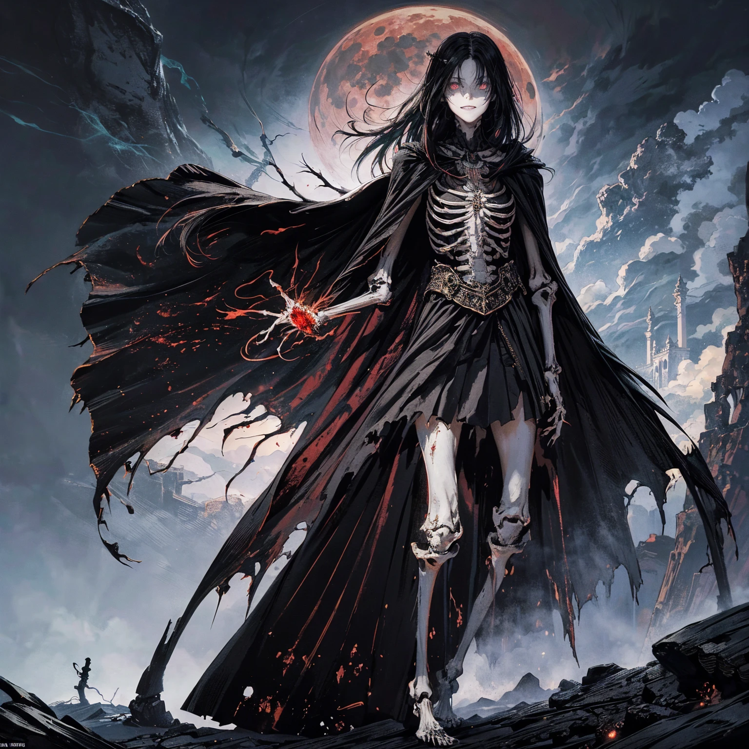 full-body shot, best quality, 4K, high resolution, masterpiece, Very detailed, Mood lighting, An undead girl in a long cape, Whole body including hands & arms & legs & feet are all skeleton bones but except the head is still beautiful human face, Wearing a ragged gothic skirt, Aloofness emotion, Dangerous sneer, Beautiful but sad smile, Black Hair, Standing, Facing the camera, Crucified, Pitch black sky, Blood-red moon, strange atmosphere, Gothic style, Unforgettable beauty, Dramatic shadows, Ethereal Light, Mysterious atmosphere.
