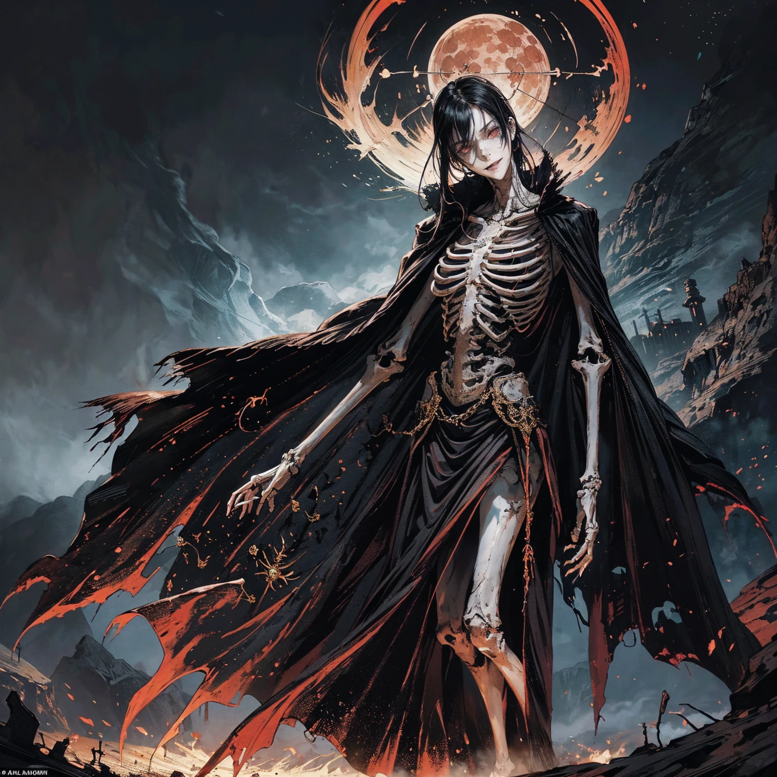 full-body shot, best quality, 4K, high resolution, masterpiece, Very detailed, Mood lighting, An undead girl in a long cape, Whole body including hands & arms & legs & feet are all skeleton bones but except the head is still beautiful human face, Wearing a ragged gothic skirt, Aloofness emotion, Dangerous sneer, Beautiful but sad smile, Black Hair, Standing, Facing the camera, Crucified, Pitch black sky, Blood-red moon, strange atmosphere, Gothic style, Unforgettable beauty, Dramatic shadows, Ethereal Light, Mysterious atmosphere.