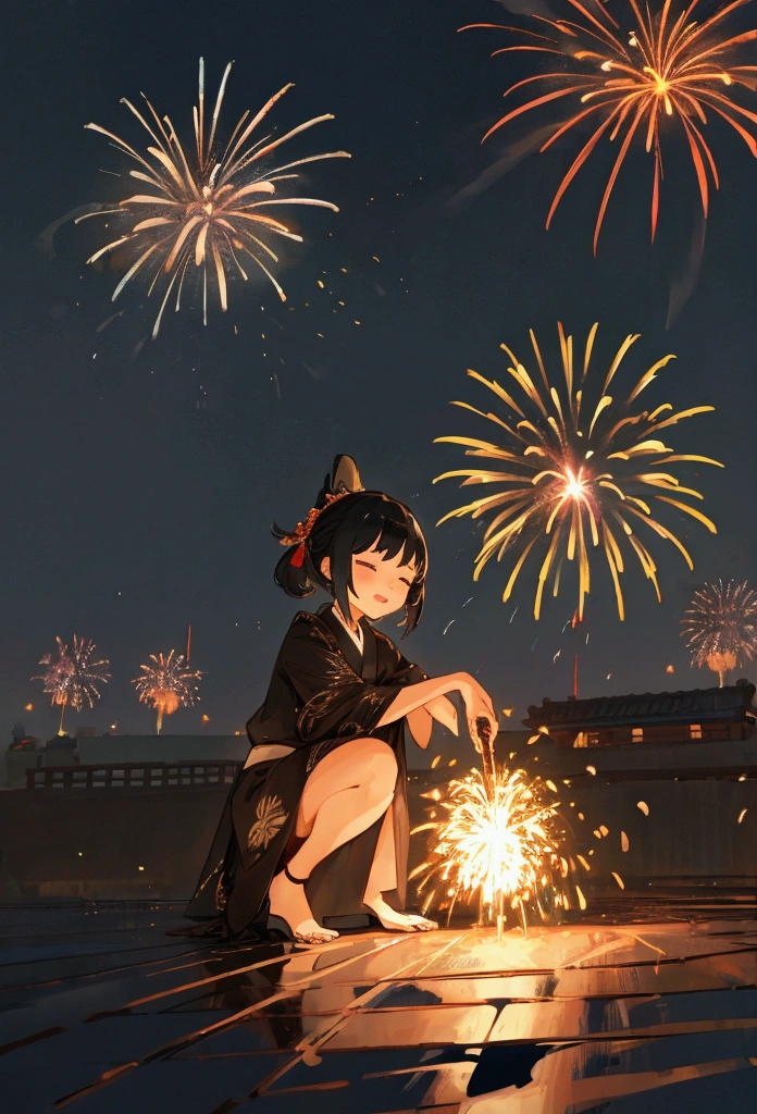 night、firework、yukata、Shadow、Girl