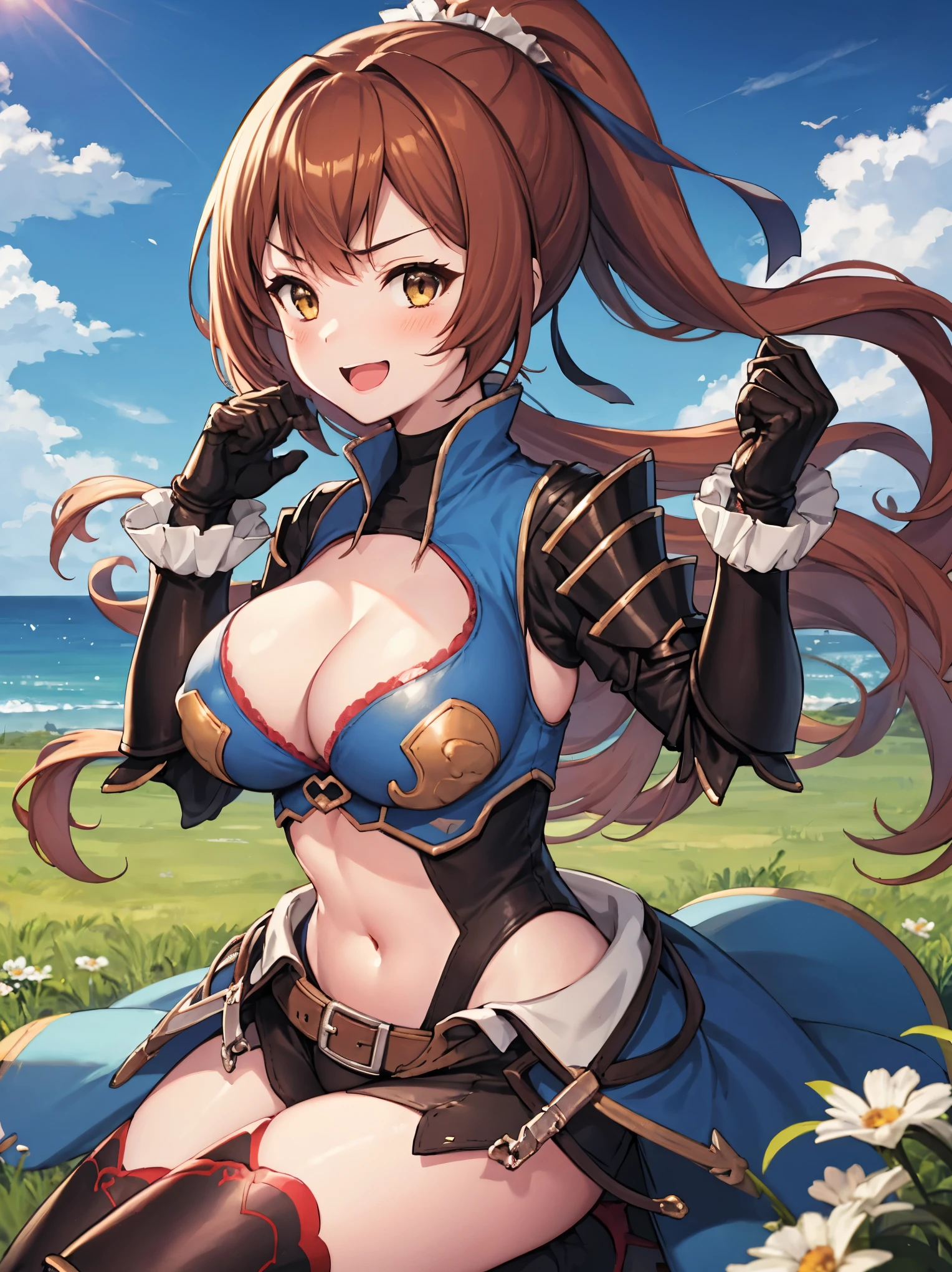 masterpiece, best quality, 1teen_girl,def,beatrix, ponytail, hair ribbon, gauntlets, blue shirt, gloves, cleavage cutout, looking at viewer, big_smile, large breasts, sky_landscape_background ,,happy,covered_nipples,young_,full_of_beans,,laugh,blush,open_mouth,thigh-highs, glower,open_legs,rise_knee,(angry:0.8)