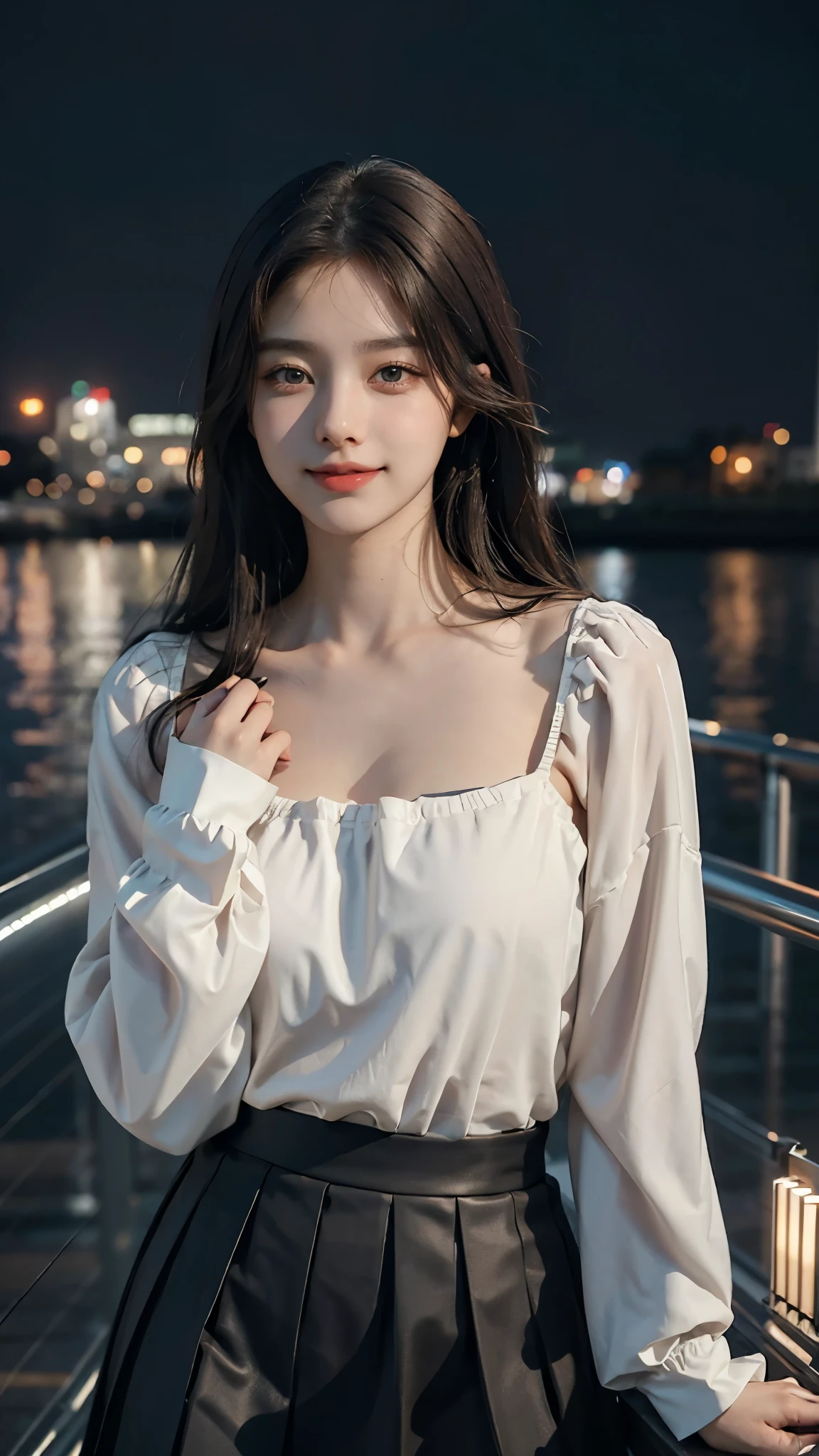 (RAW photos, best quality), (realistic, photorealistic: 1.2), (round face: 1), 1 girl, selfie outdoor, (high detail skin: 1.2), (puffy eyes), (lying silkworm), smile, collarbone, air bang, straight brown black hair, pure black pleated skirt, soft lighting, high quality, cityscape, skyline, night, rain, wet, professional lighting, Photon mapping, radiosity, physically based rendering,