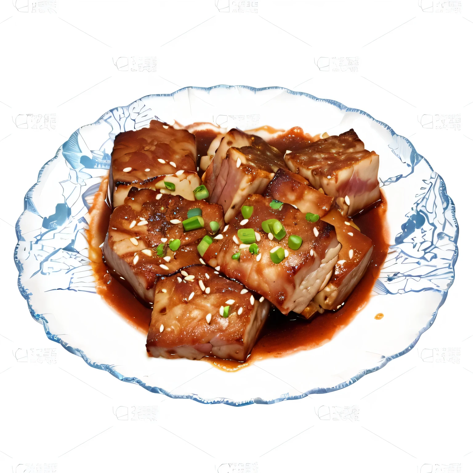 There is a plate of meat with sesame and green onions, , Hyper-realistic food pictures, The texture of the meat, computer generated, rib cage, Map tofu cartoon, Dinner is ready