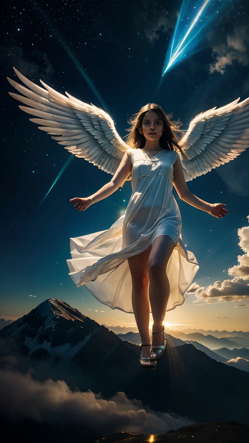 illustration of an angel, with an aura of light, descending from the sky