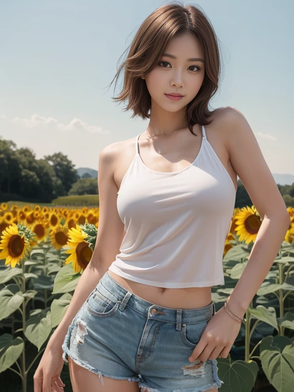 ((white tank top)),((shorts)),((sexyな笑顔)),(cowboy shot),((Highest quality)), Realistic, Very detailed, In detail, ((High resolution)), 8k,Japanese women,Beautiful woman,gravure,sexy,Beautiful Skin,Beautiful Eyes,Detailed face,(Glamour),((short hair)),Brunette colored hair,20th Generation,Bust Size 87cm,Neat constriction,(Beautiful Eyes),(Adult),((A field of sunflowers))、(Sunshine at dusk)