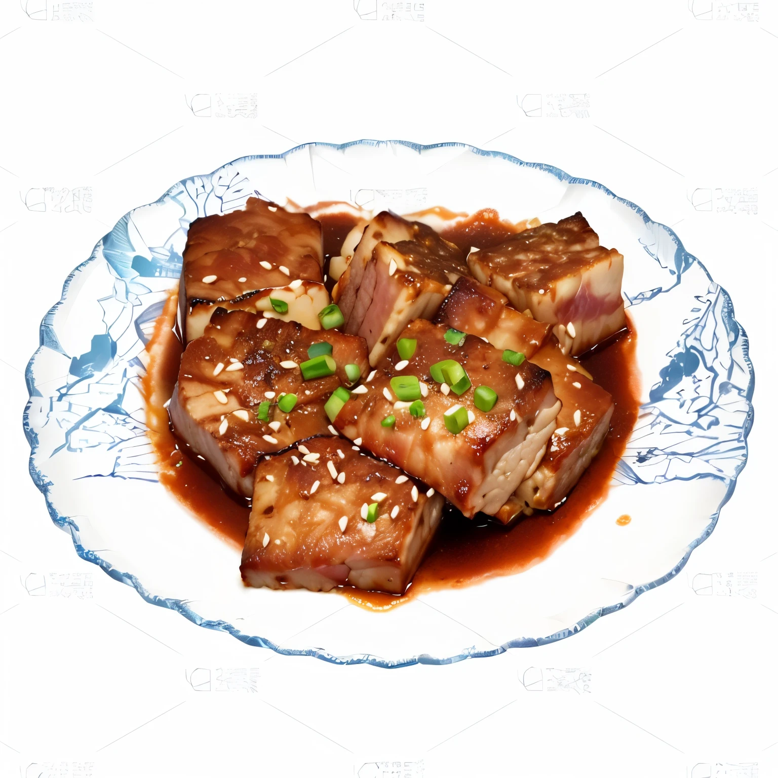There is a plate of meat with sesame and green onions, , Hyper-realistic food pictures,  The texture of the meat, computer generated, rib cage, Map tofu cartoon, Dinner is ready