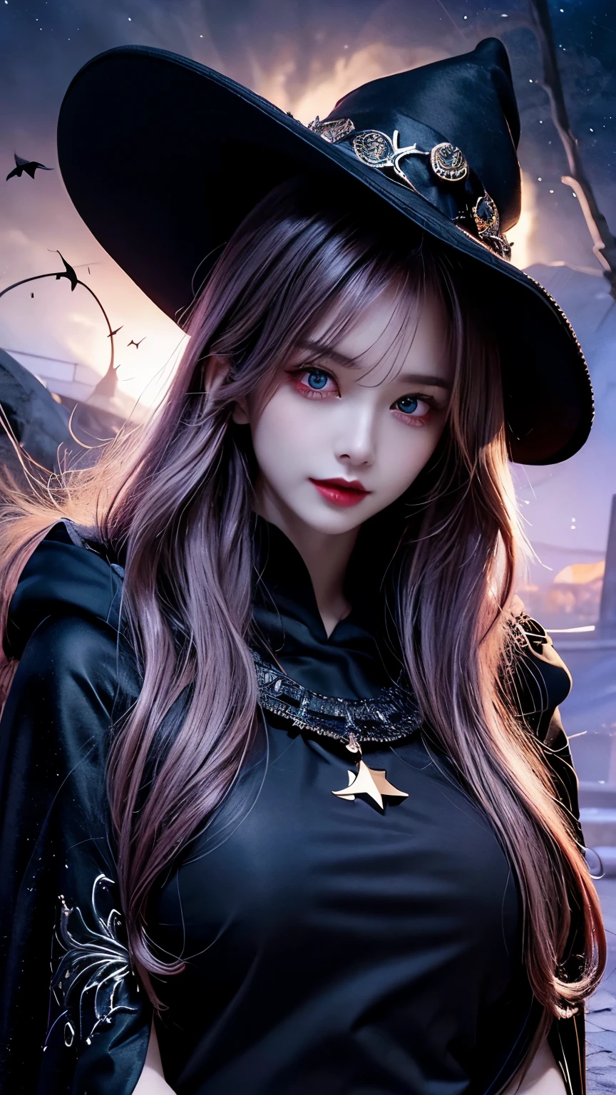 (Fatal Beauty,A charming villain,witch) ,(A supple and powerful physique),(Sensual charm),(Mysterious charm:1.1),(Captivating silhouette),((((Rainbow Eyes))))、((((big sapphire necklace))))、(Highest quality,High resolution:1.2),(dark,Threatening:1.1),((dark horror theme:1.5),(thriller:1.5)),(Dark fantasy:1.5), (((Countless stars fly away:1.5),(absurdes:1.5),(wonderful:1.5))),Woman in a dress, (Powerful numbers:1.1),(((Big Breasts))),(((muscular:1.1))), cute face, Sexy Face, , Very detailedなbeautiful女の子, (Ideal body type:1.8), Very detailed faceexpressive lips, (Very beautiful、Crisp big eyes:1.5), Fine skin., All features are shown in detail., The outline of the fingers is beautifully drawn....., The nose is precisely shaped., expressive lips, Perfect Anatomy,cute、Realistic、(Front view:1.4),(Face Focus:1.3), realistic girl rendering, 8k artistic german bokeh, Enchanting girl, Real Girls, Gurwitz, Gurwitz-style artwork, Girl Roleplay, Realistic 3D style, cgstation Popular Topics, 8K Portrait Rendering,(truth,truth:1.4),Sexy Body,( Very lean body:1.6),Sexy pose, blush, Attractive body, Very curly hair, Purple Curly Hair, very big hair, Very curly hair, prime color,suprban,Very detailed,masterpiece,Intricate details,Faded,Very detailed, Eye on the details,Intricate details,Dark and spooky atmosphere, spiritual being, supnforgettably beautiful, Ghostly figures, Shadow-like shape, Spooky whispers, Ominous Aura, Goth Maiden, Like dazzling fur in a starless haze,Her Mogul Snaps, Mysterious Cemetery,Black hair swaying in the moonlight, She summons darkness, (beautiful: 1.7), (Black Hat: 1.6), (An intricately decorated jet-black cloak: 1.6), (Delicately decorated cloak, Despite the damage: 1.5), Hypermaximalist, Breathtaking oil paintings, surreal, supltra-realistic digital illustrations that mimic the style of oil paintings, wonderful composition, (Shining Eyes:1.6)、(Glowing Eyes:1.1),(hellish landscape:1.1),(fire,sulfur:1.1),(Threatening atmosphere:1.1),(dark shadows,Threatening presence:1.1),(sup
