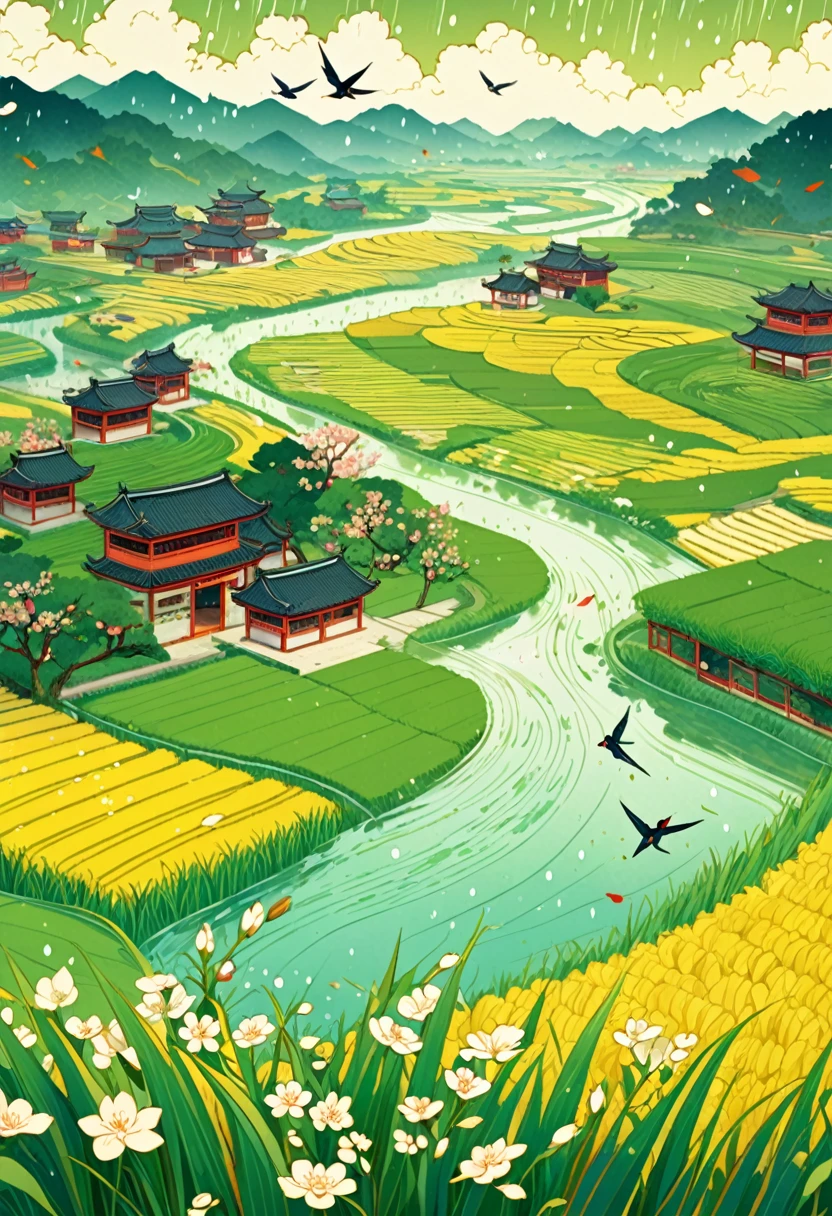 Qingming Festival Chinese countryside, plants and flowers, swallows, wicker, rice field, light rain, river, bright, spring green, bright background, blank at the top of the frame, flat illustration, Victo Ngai style --ar 1:2 --niji 5