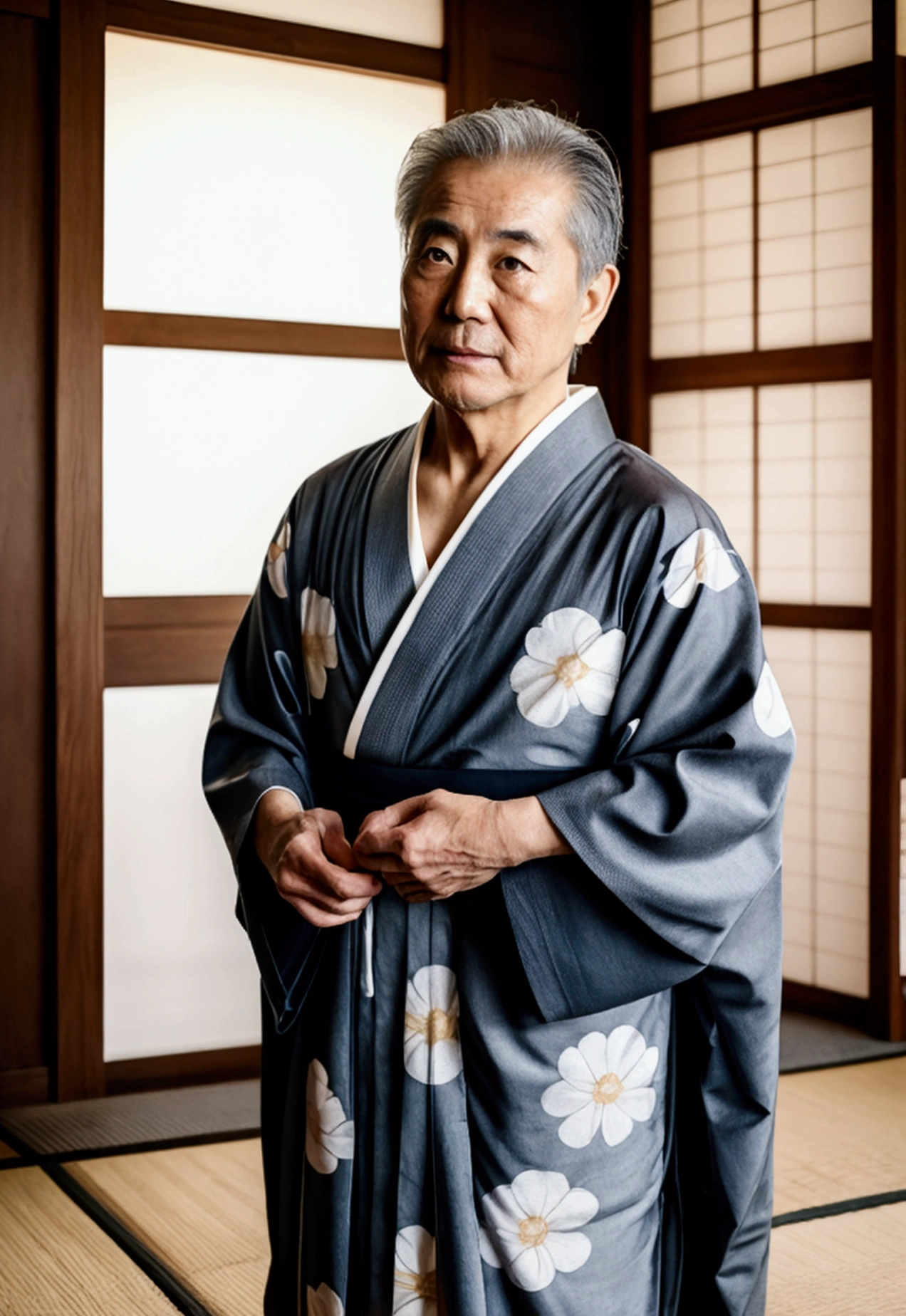 Japanese　50 years old　　male　kimono　yukata　Gray Hair　looks strong