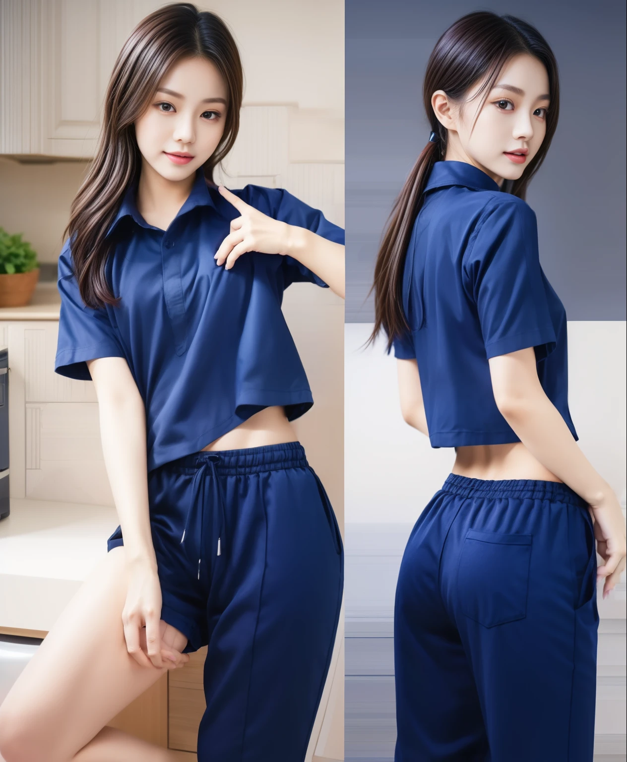 (best quality,10,10,height,Masterpiece:1.2),Special details,(realistic,ภาพrealistic,Realistic photos:1.37),1 Cute girl in the kitchen,shiny, ผิวshiny,only,smile softly,BDclothelue shirt:1.3)),short sleeve,shirt, กางเกงขาlong.,(navy_long_track pants:1.1), ((Kitchen Background)),Dynamic angle,excited,Face focus,dynamic poses,from behind,focus on ass,Masterpiece, best quality, ultra realistic, hyper detail, 8k resolution, raw photos, Sharp focus, ((Navy blue shirt:1.1)), short sleeve, เส้นทางlong, perfect body, 2 mature women, 18 years old, Cinema-grade lighting system,blue sweatpants,shirtผ้าออกกำลังกาย,correct anatomy,perfect body, correct body, Sharp face, correct bodyทางกายวิภาค, full body, realistic gestures, long-haired, realistic poses,Wear long shorts...........................,ช่วงขาlong,Good shape,carved girl, Slender figure, model, Good shape, beautiful body,blue sweatpants, two girls kissing