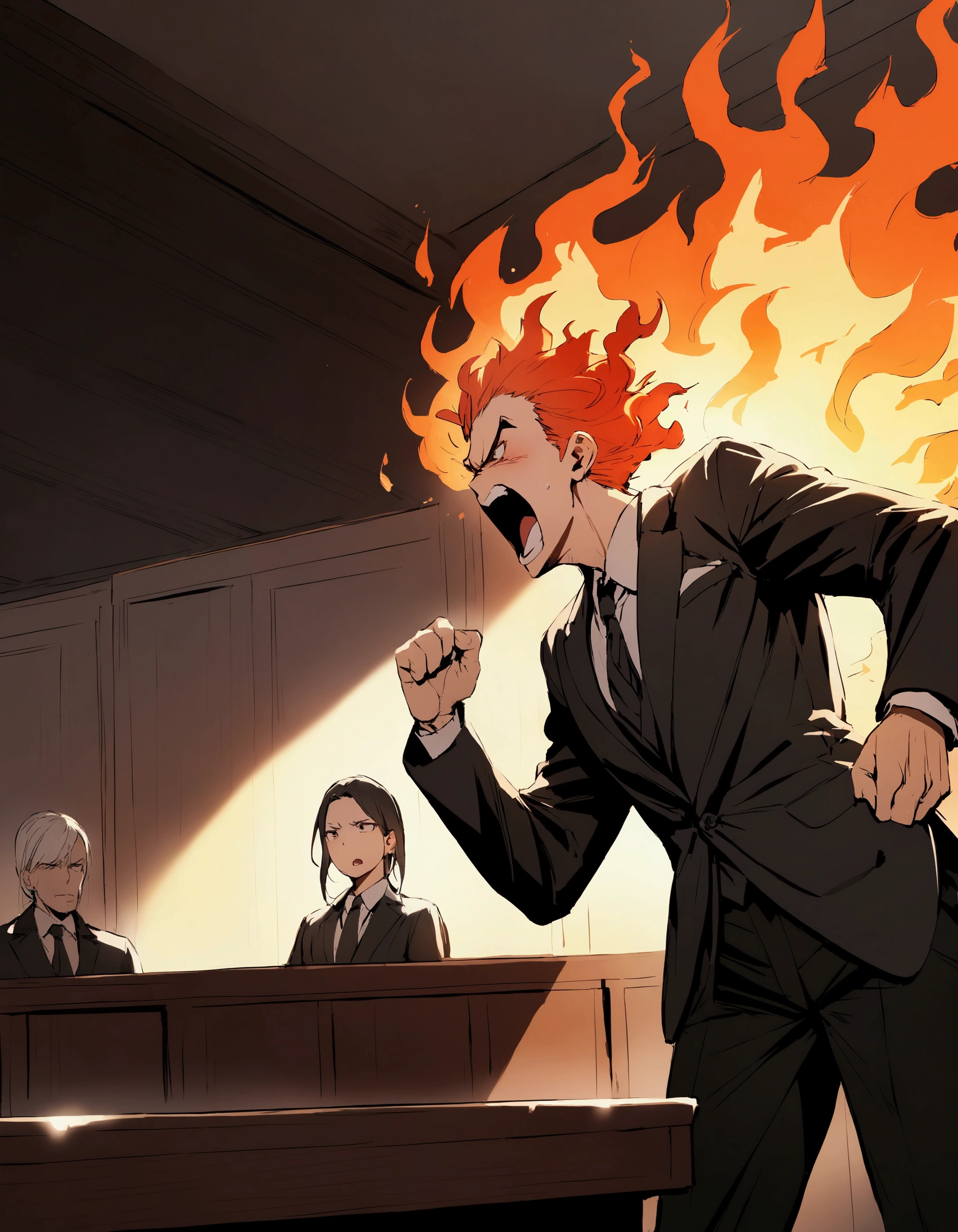 Dressed in a tailored suit, facing the prosecution in the courtroom, arguing in a fiery tone, desperate, Professional, committed, high-quality portrayal,
