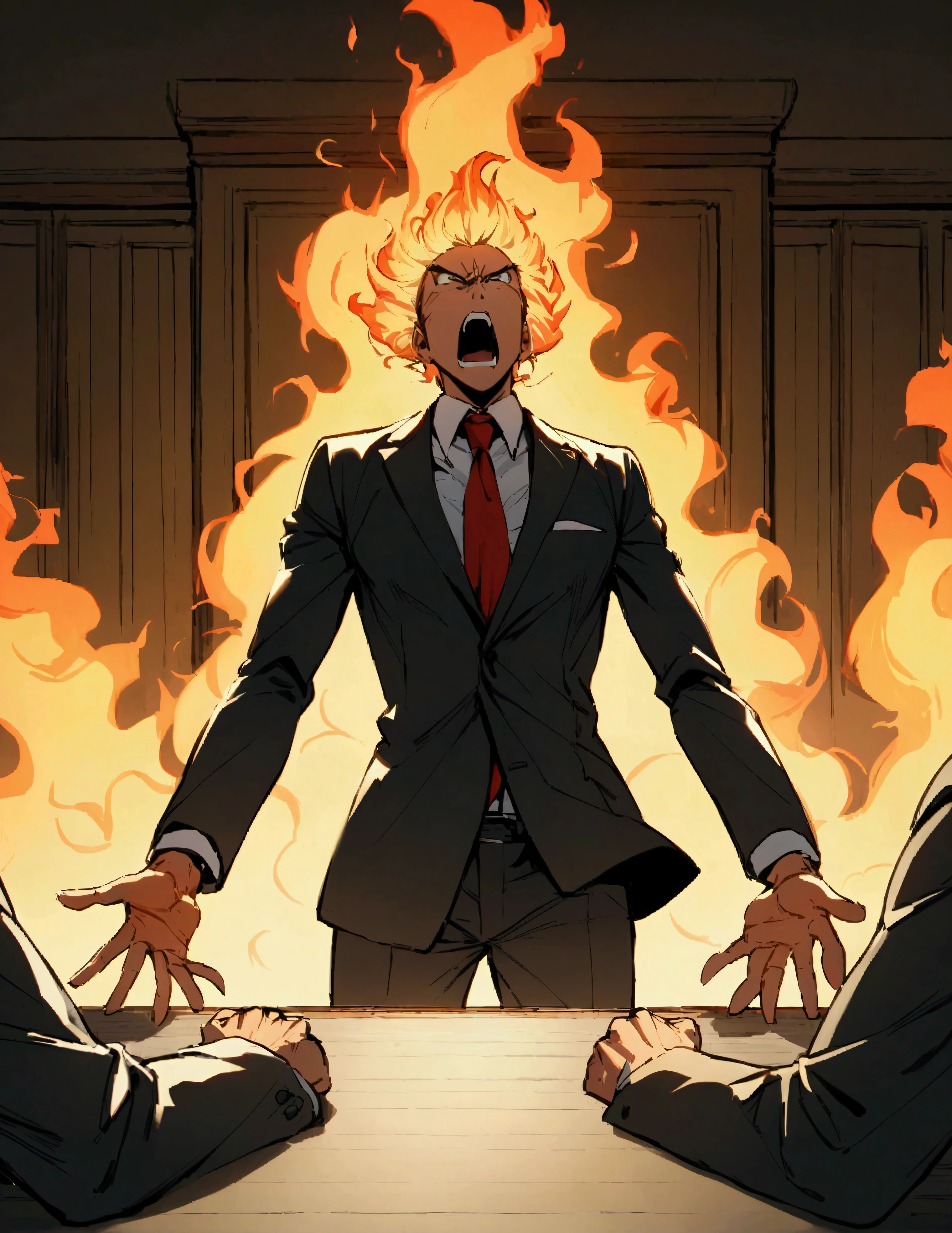 Dressed in a tailored suit, facing the prosecution in the courtroom, arguing in a fiery tone, desperate, Professional, committed, high-quality portrayal,
