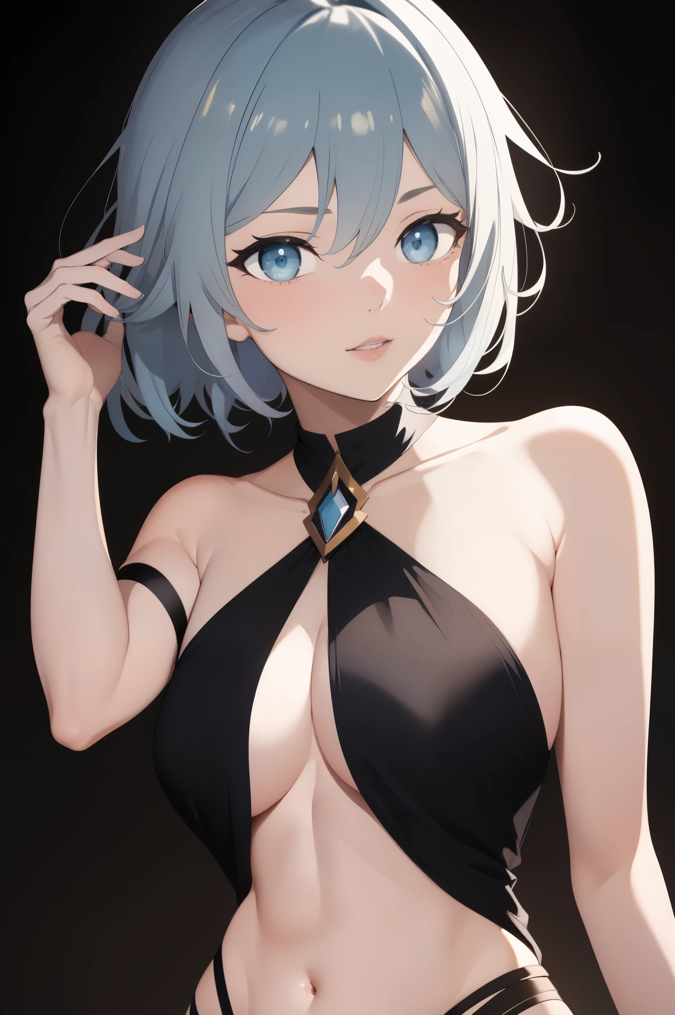 anime girl with blue hair and a black top posing for a picture, a detailed painting by Kamagurka, pixiv, process art, scales covering her chest, blue scales covering her chest, aqua from konosuba, scales on her chest, , anime moe artstyle, anime goddess, ayaka genshin impact, white hair, blue eyes, x hair ornament,