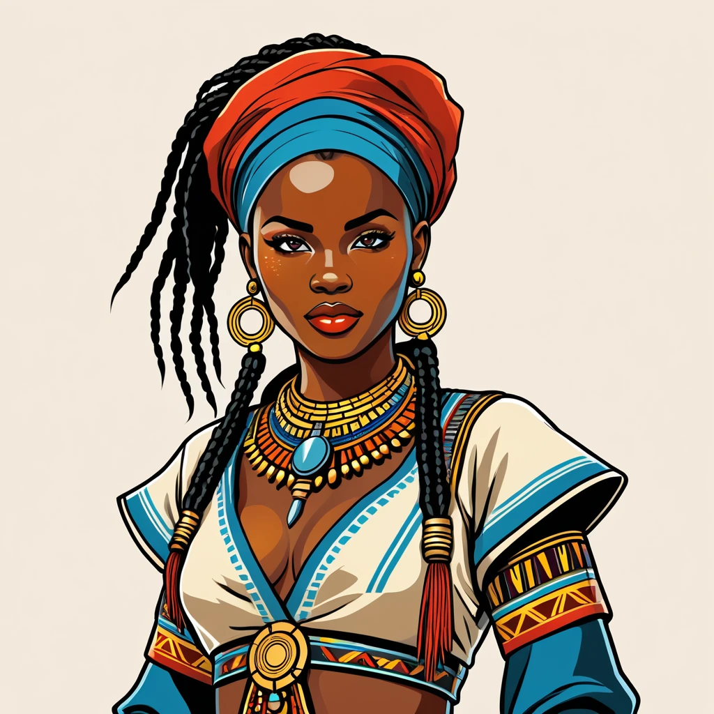 female netrunner in congo folk outfit ,vector graphics, strong contours, logo design