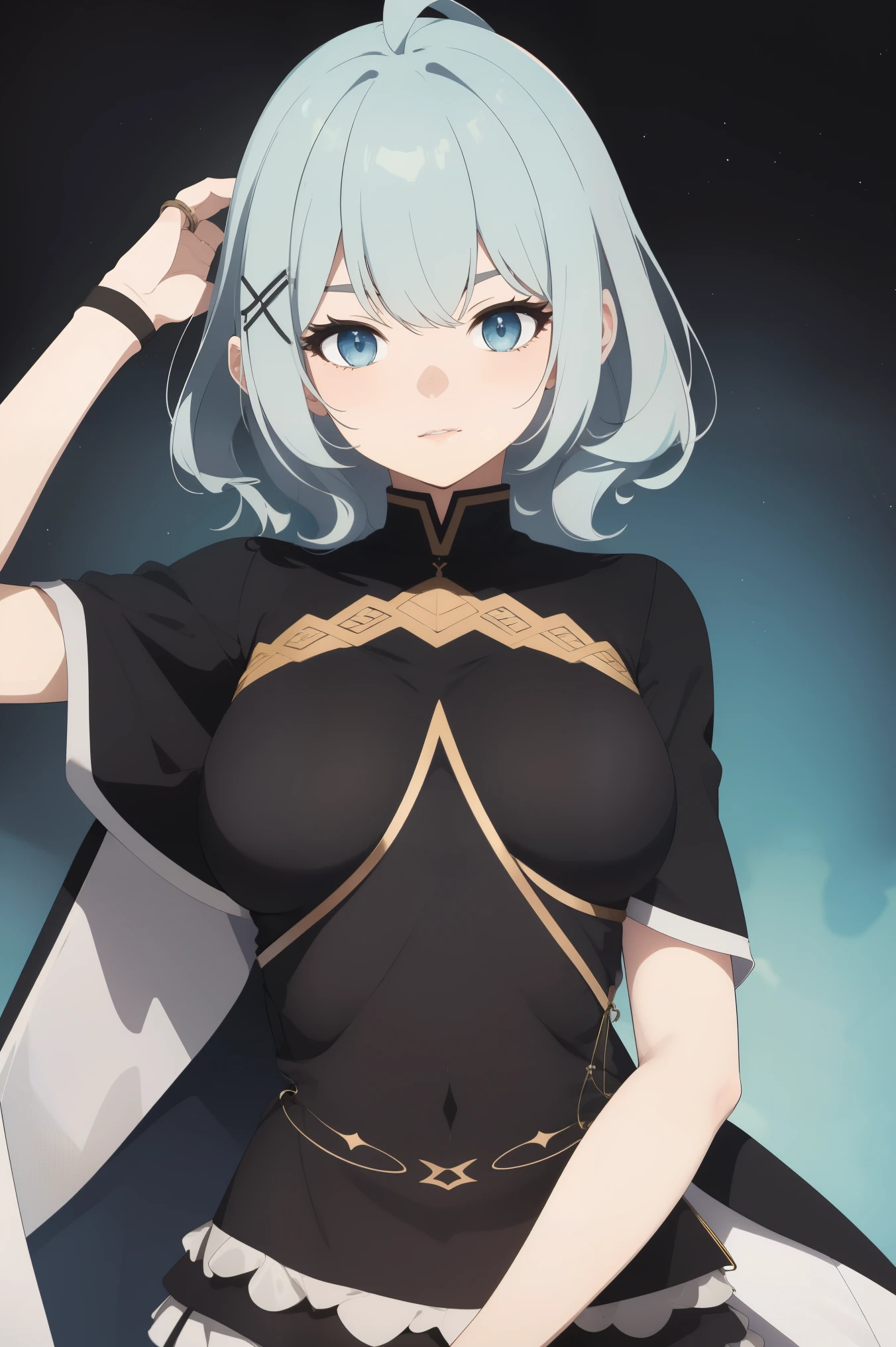 anime girl with blue hair and a black top posing for a picture, a detailed painting by Kamagurka, pixiv, process art, scales covering her chest, blue scales covering her chest, aqua from konosuba, scales on her chest, , anime moe artstyle, anime goddess, ayaka genshin impact, white hair, blue eyes, x hair ornament,