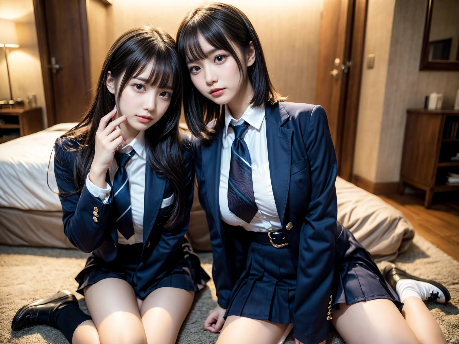 masterpiece, best quality, illustration, Super detailed, fine details, High resolution, 8K,wall paper, perfect dynamic composition,(Details High quality, realistic depiction of eyes:1.3), ((2 girls, 2 schoolgirls)), The background is a luxury hotel room、High school girl uniform、blazer 、Super Short Check Uniform Skirt、Navy blue high socks、garterbelts、Colossal tits、Disturbed uniform, Play with each other,Touching each other's bodies,Touching the body of the girl next door, short bob hair, black hair color, huge breasts, Big Natural Color Lip, bold sexy pose, (perfect body shape), crying a little、Harajuku style、Beautiful makeup,glitter makeup,Cutest 18 years old, beautiful legs, hposing Gravure Idol, Voluptuous thighs