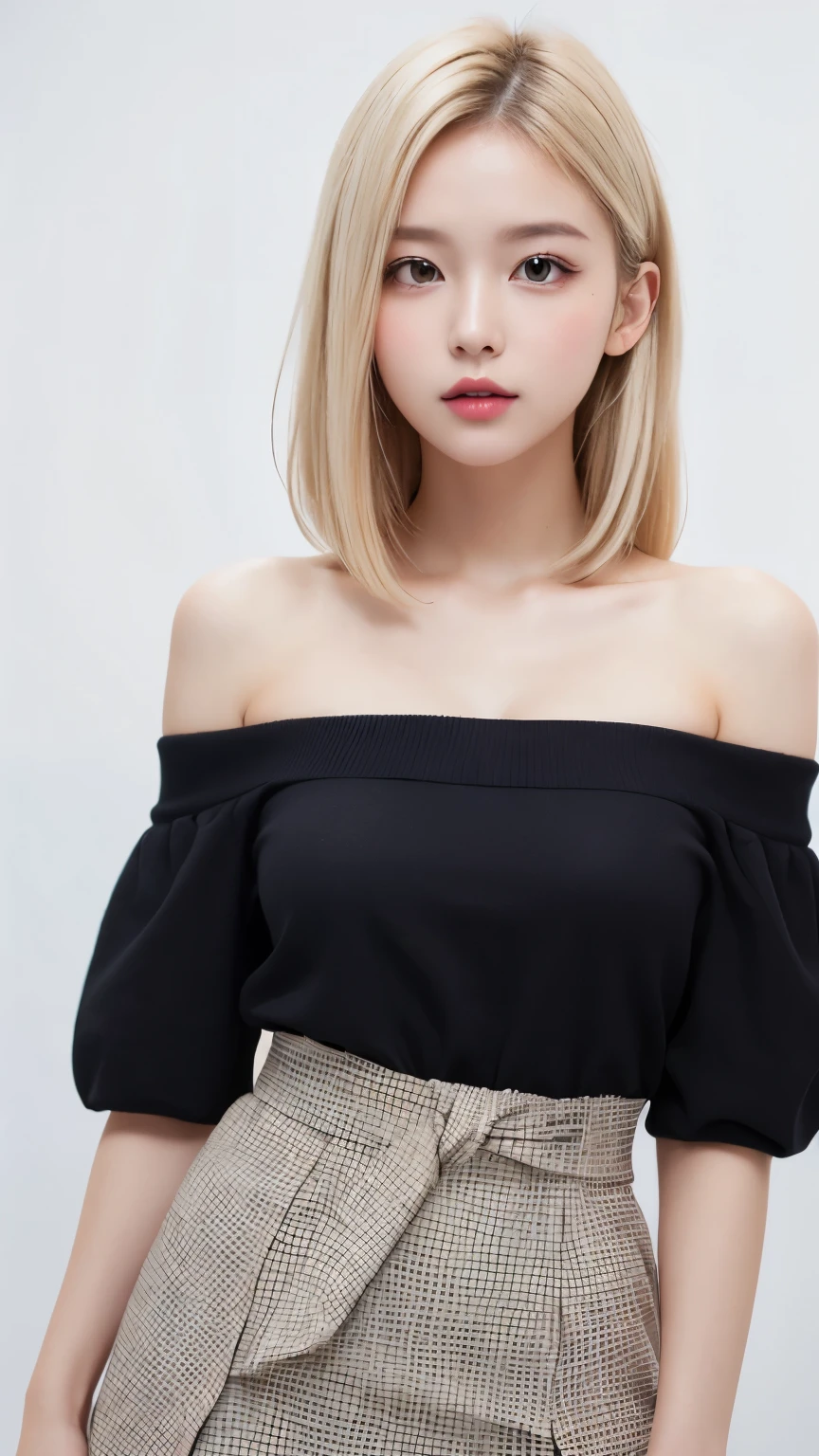 (((forehead、Extreme pose、A calm face、Tiered skirt、Off-the-shoulder blouse、White Blonde Hair、Waist-length hair、Northern Europe、White、beautiful girl、Blonde、White background、cute、Young、True Face、Shiny Hair、whole body)))、table top, highest quality, figure, super detailed, finely, High resolution, 8k wallpaper, Perfect dynamic composition, detailed and beautiful eyes, Deco out,bionde, medium hair, big breasts, Natural color lip,white background, random cute poses,