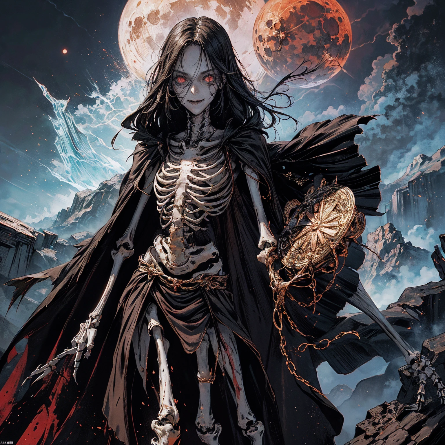 full-body shot, best quality, 4K, high resolution, masterpiece, Very detailed, Mood lighting, An undead girl in a long cape, Whole body including hands & arms & legs & feet are all skeleton bones but except the head is still beautiful human face, Wearing a ragged gothic skirt, Aloofness emotion, Dangerous sneer, Beautiful but sad smile, Black Hair, Standing, Facing the camera, Crucified, Pitch black sky, Blood-red moon, strange atmosphere, Gothic style, Unforgettable beauty, Dramatic shadows, Ethereal Light, Mysterious atmosphere.