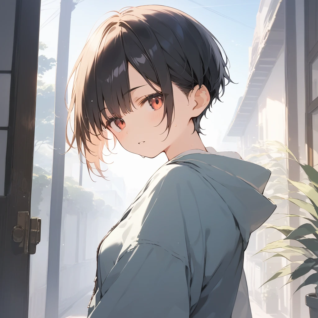score_9, score_8_up, score_7_up, source_anime, best quality, masterpiece, official art, absurdres, highres, ultra-detailed,waifu2x,Collection: Slice of Life,break,1girl, tomboy, very short hair, pixie cut, breasts, butt, hanme, beautiful detailed eyes, expressionless, sweat, parted lips, sleepily, outdoors, summer, break,(clear line illustration:1.2), super detailed skin,very high resolution, very aesthetic, Best sexual lighting powered by famous artist, 8k,cute picture,beauty illustration,photoshop_(medium),,(Detailed Lighting),best anime 8k konachan wallpaper, pixiv contest winner, 