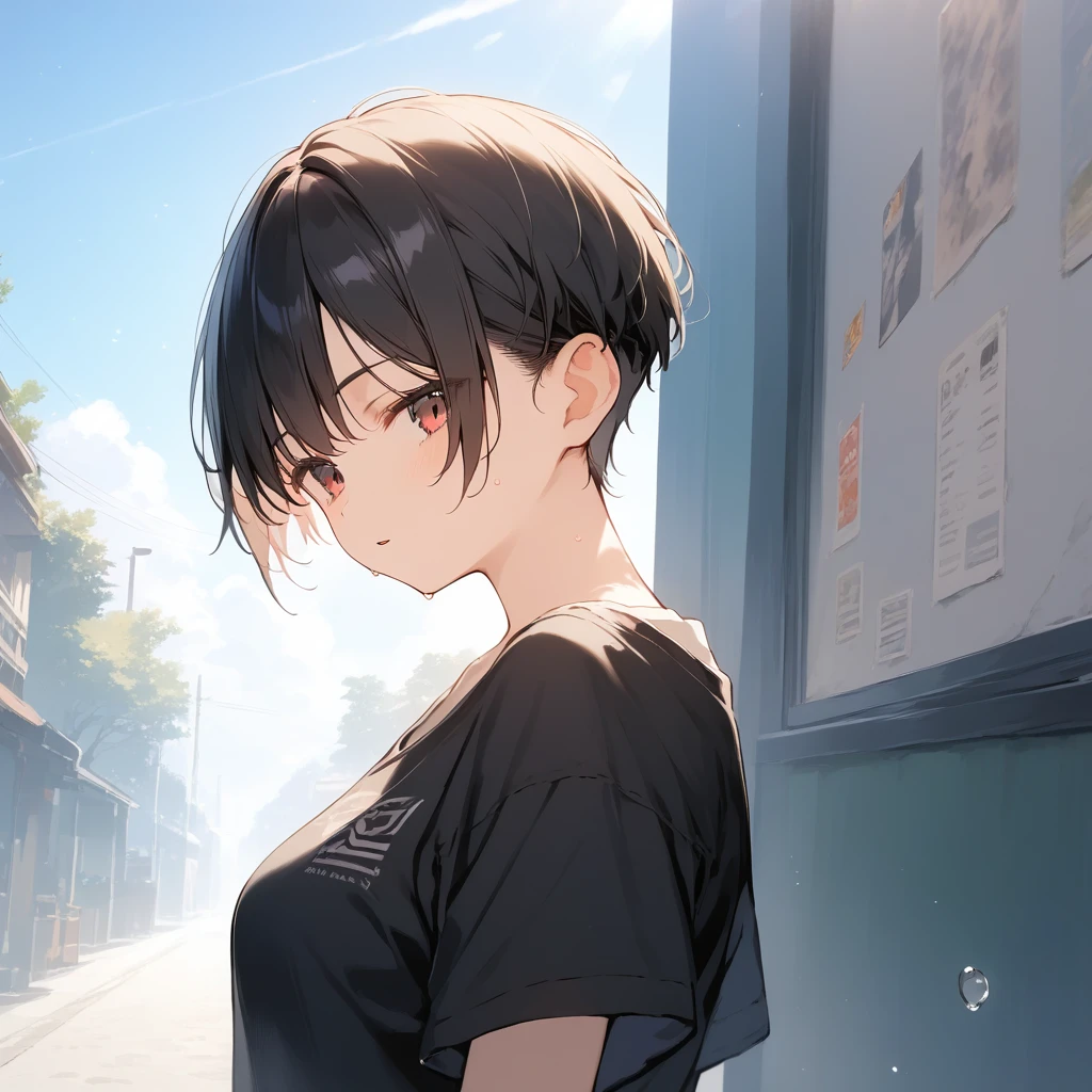 score_9, score_8_up, score_7_up, source_anime, best quality, masterpiece, official art, absurdres, highres, ultra-detailed,waifu2x,Collection: Slice of Life,break,1girl, tomboy, very short hair, pixie cut, breasts, butt, hanme, beautiful detailed eyes, expressionless, sweat, parted lips, sleepily, outdoors, summer, break,(clear line illustration:1.2), super detailed skin,very high resolution, very aesthetic, Best sexual lighting powered by famous artist, 8k,cute picture,beauty illustration,photoshop_(medium),,(Detailed Lighting),best anime 8k konachan wallpaper, pixiv contest winner,