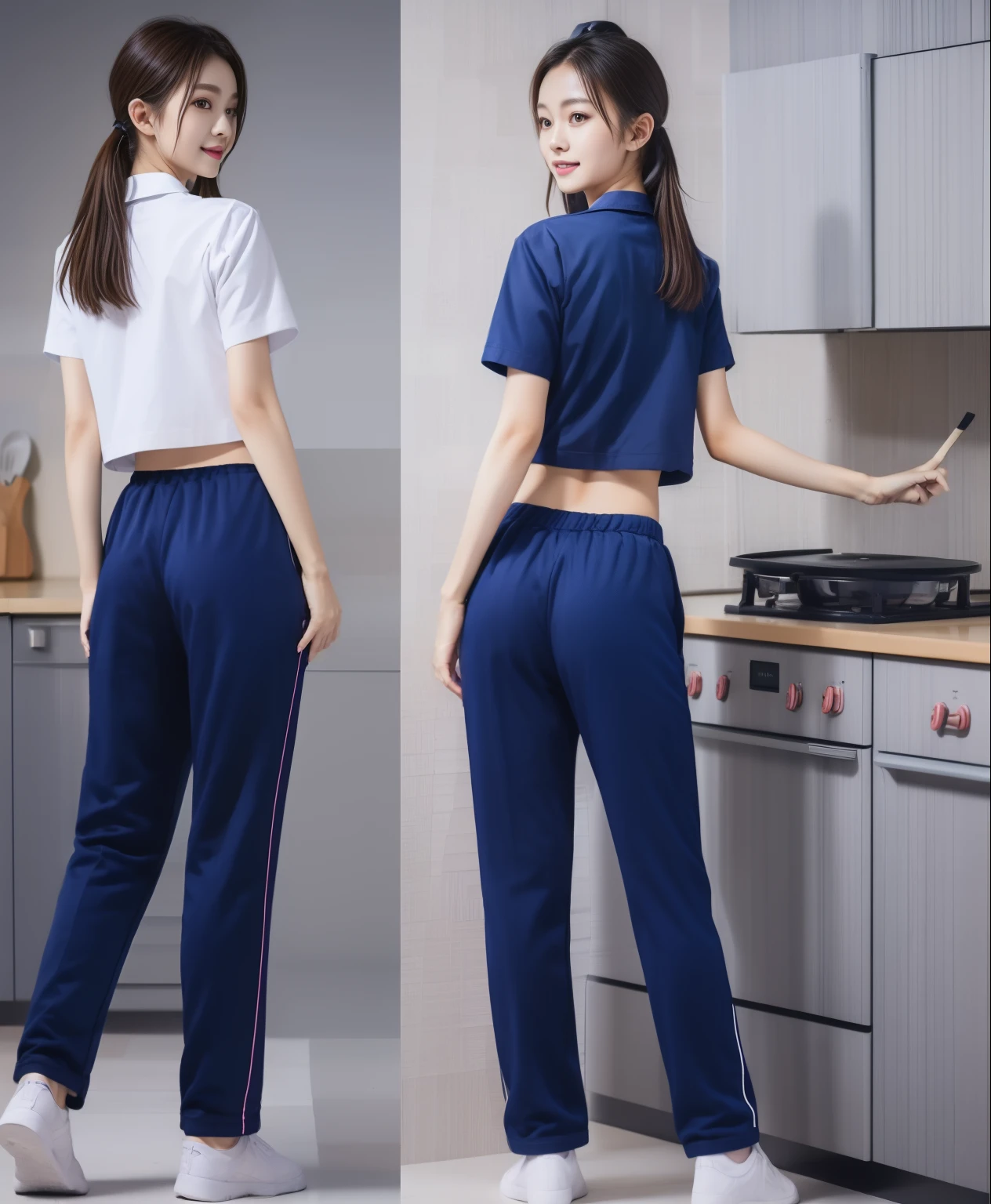 (best quality,10,10,height,Masterpiece:1.2),Special details,(realistic,ภาพrealistic,Realistic photos:1.37),1 Cute girl in the kitchen,shiny, ผิวshiny,only,smile softly,BDclothelue shirt:1.3)),short sleeve,shirt, กางเกงขาlong.,(navy_long_track pants:1.1), ((Kitchen Background)),Dynamic angle,excited,Face focus,dynamic poses,from behind,focus on ass,Masterpiece, best quality, ultra realistic, hyper detail, 8k resolution, raw photos, Sharp focus, ((Navy blue shirt:1.1)), short sleeve, เส้นทางlong, perfect body, 2 mature women, 18 years old, Cinema-grade lighting system,blue sweatpants,shirtผ้าออกกำลังกาย,correct anatomy,perfect body, correct body, Sharp face, correct bodyทางกายวิภาค, full body, realistic gestures, long-haired, realistic poses,Wear long shorts...........................,ช่วงขาlong,Good shape,carved girl, Slender figure, model, Good shape, beautiful body,blue sweatpants, two girls kissing