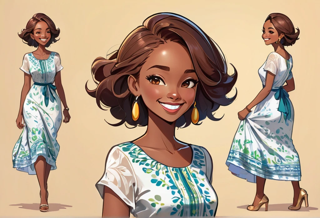 A lady with casual dress, walking and Smiling, (character design sheet) same character front, side, back
African (masterpiece best quality:1.2) delicate illustration ultra-detailed, illustrations, bright, colourful, 