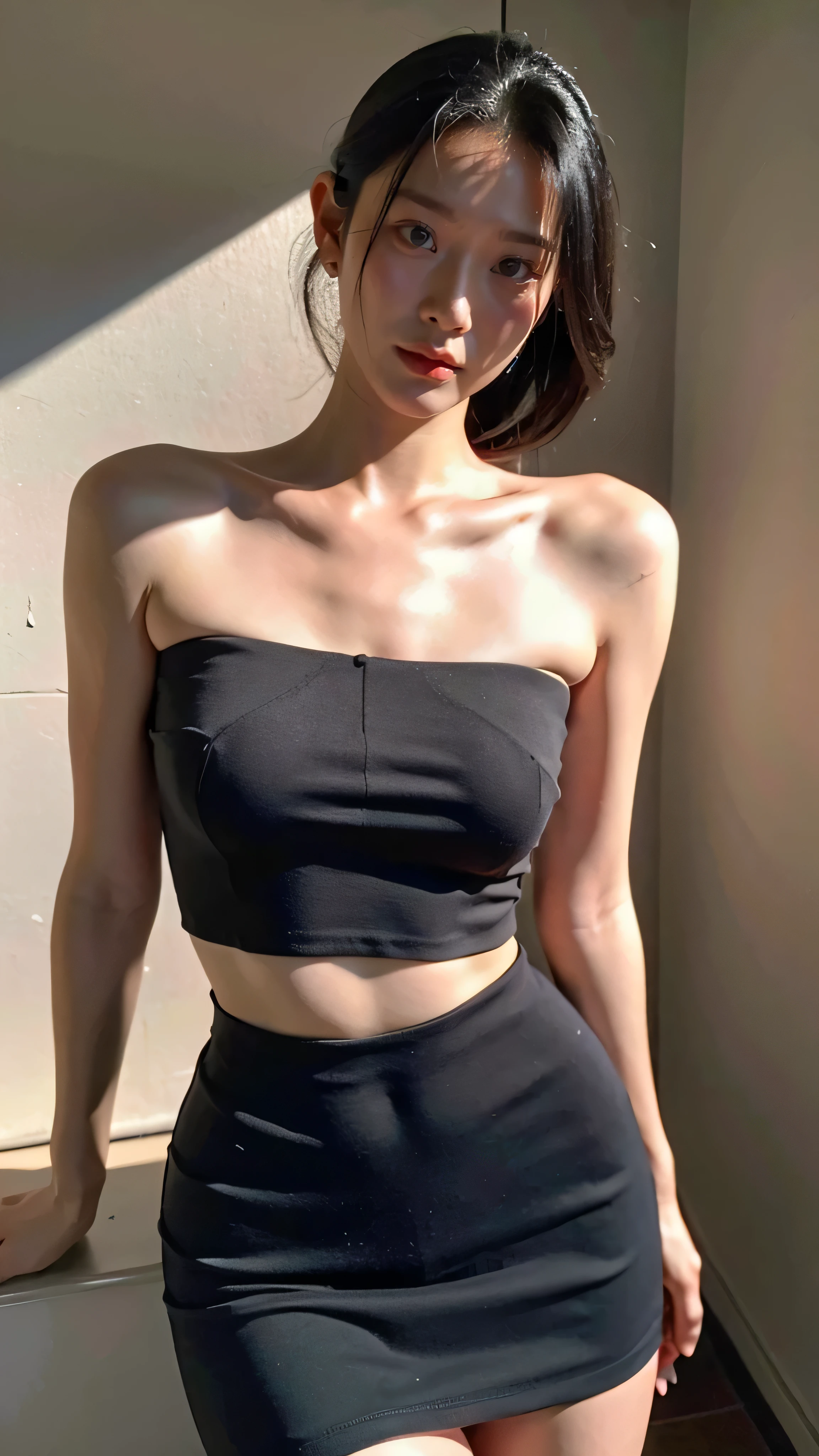 best quality, beautiful shape, ultra high res, (photorealistic:1.4), unique girl, pretty girl, strapless crop top bra shirt, black tight skirt, (faded ash gray hair:1), medium breasts, looking at viewer, closeup, (pretty face), real, perfect.
