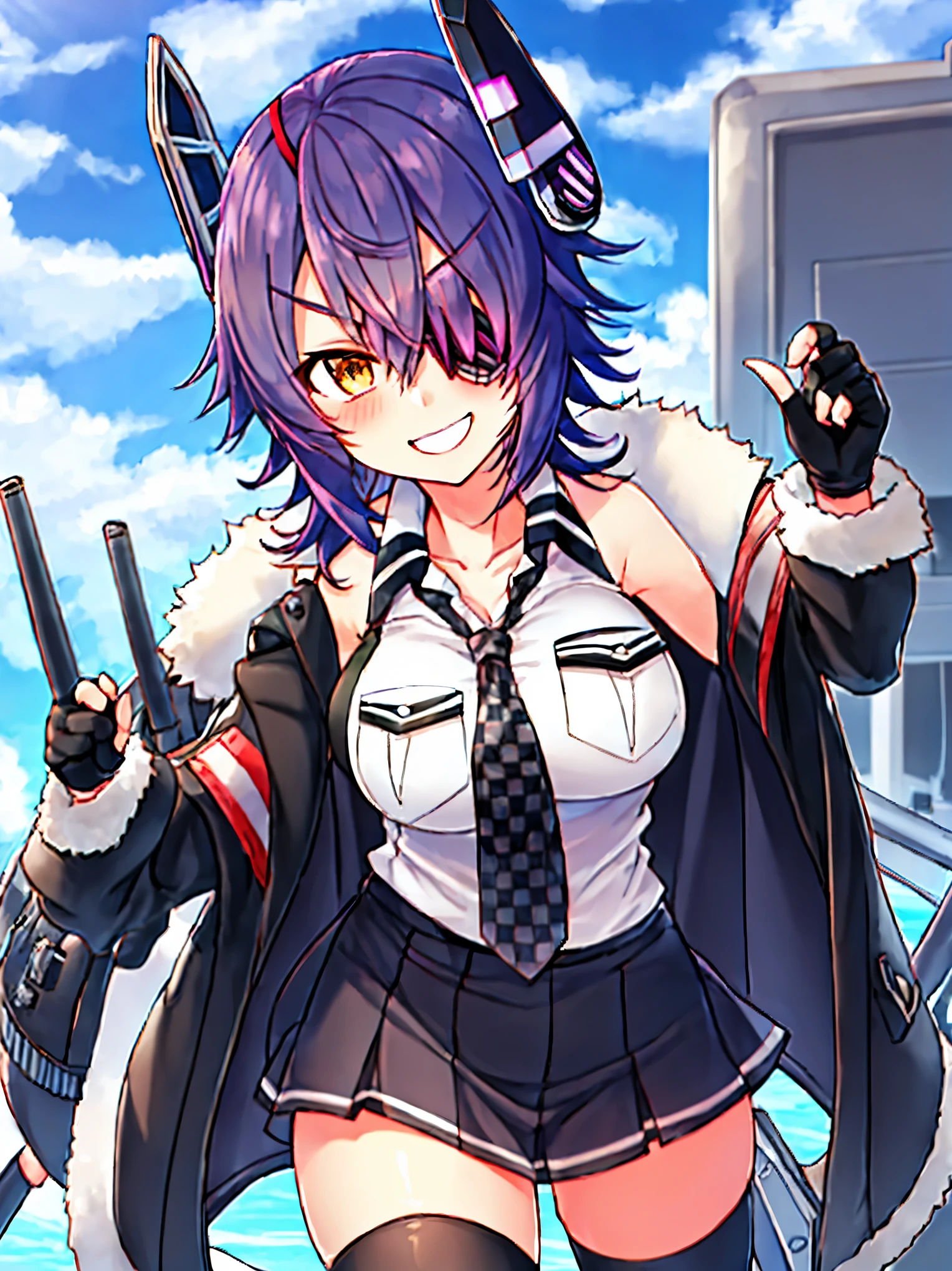 best quality, masterpiece, solo, {tenryuu_kantaicollection:1.15}, teen_girl, eyepatch, short_hair, purple_hair, yellow_eyes, headgear, breasts, necktie, large_breasts, smile, 1girl, blush, checkered_necktie, hair_over_one_eye, shirt, collared_shirt, white_shirt, jacket, sleeveless, brown_eyes, fur-trimmed_jacket, fur_trim, collarbone, looking_at_viewer, pocket, breast_pocket, ,, messy_hair, black_gloves, gloves, partially_fingerless_gloves,harbor_road_landscape_background,outdoor,short_skirt,thigh-highs,boots,sunlight,from_below