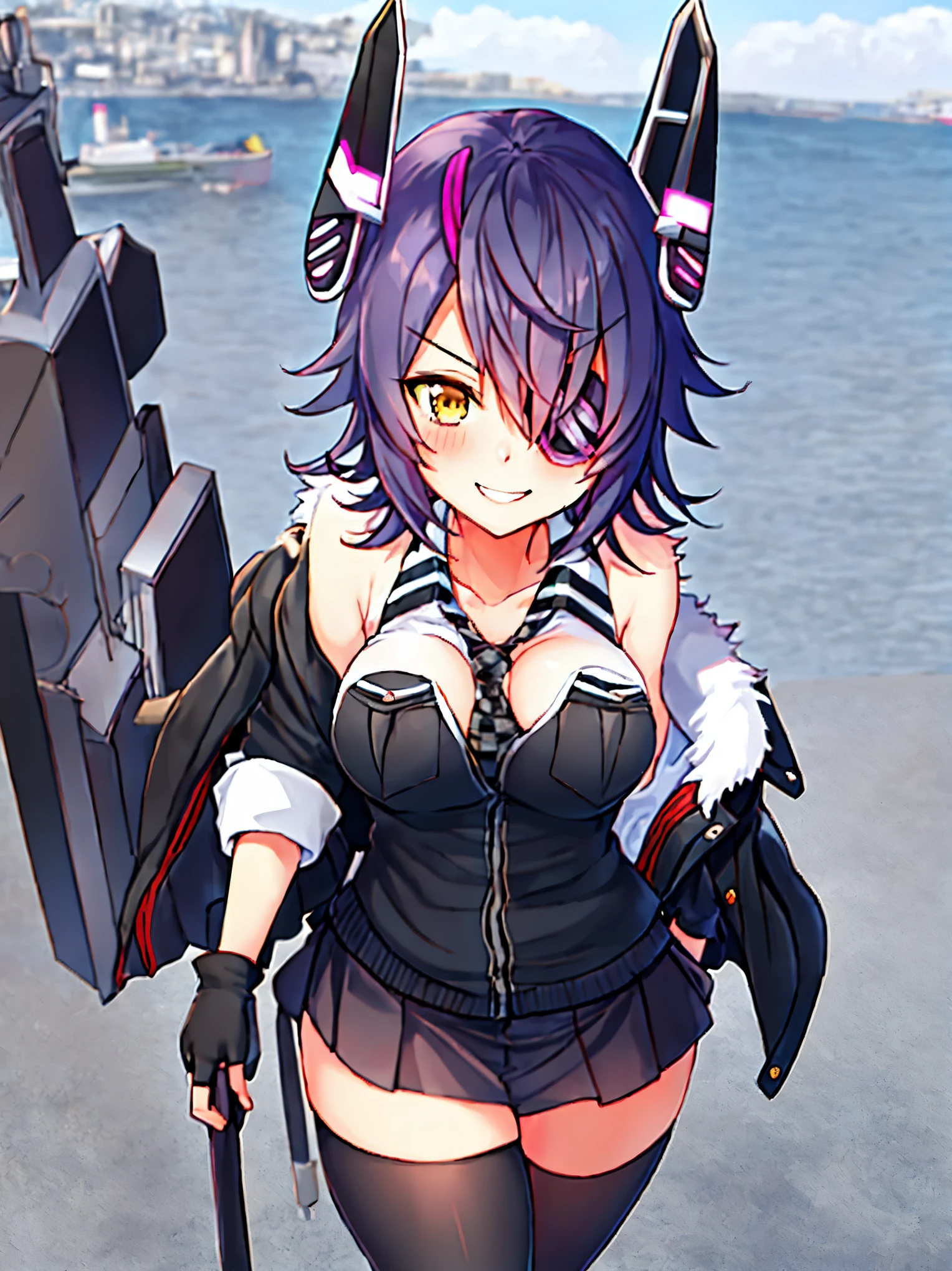 best quality, masterpiece, solo, {tenryuu_kantaicollection:1.15}, _girl, eyepatch, short_hair, purple_hair, yellow_eyes, headgear, breasts, necktie, large_breasts, smile, 1girl, blush, checkered_necktie, hair_over_one_eye, shirt, collared_shirt, white_shirt, jacket, sleeveless, brown_eyes, fur-trimmed_jacket, fur_trim, collarbone, looking_at_viewer, pocket, breast_pocket, ,, messy_hair, black_gloves, gloves, partially_fingerless_gloves,harbor_road_landscape_background,outdoor,short_skirt,thigh-highs,boots,sunlight,from_below