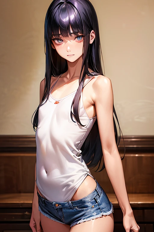 ((Perfect Anatomy:1.2,Realistic:1.5,RAW Photos:1.5,masterpiece、Highest quality、Ultra - High resolution、High resolution、Highly detailed CG、8k)),Cowboy Shot,1 female,alone、18 year old beauty,Japanese,((Beautiful and graceful face and eyes:1.3,Big beautiful eyes:1.3,iris))，Black Hair，Long Hair，Straight hair，Blunt bangs,blush，((Flat Chest，Low length，Slender body，Small Head:1.3，skinny))，(Glowing Skin,Oily skin:1.3，Glowing Skin)，(White camisole，denim micro mini shorts)，Simple bedroom，