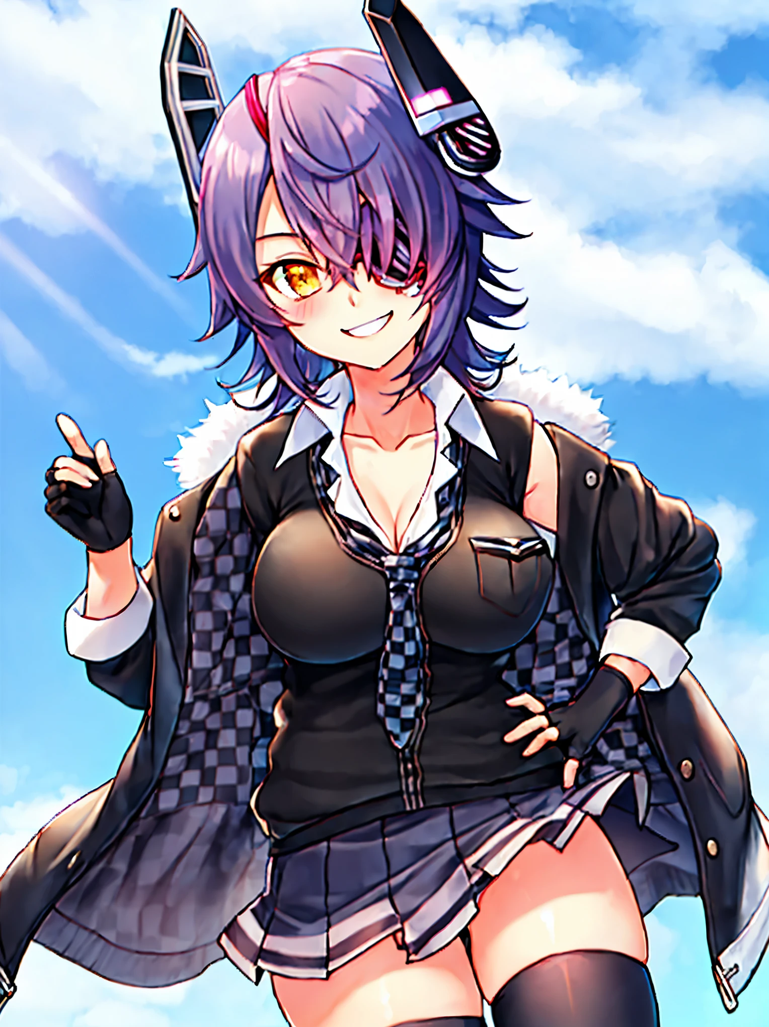 best quality, masterpiece, solo, {tenryuu_kantaicollection:1.15}, _girl, eyepatch, short_hair, purple_hair, yellow_eyes, headgear, breasts, necktie, large_breasts, smile, 1girl, blush, checkered_necktie, hair_over_one_eye, shirt, collared_shirt, white_shirt, jacket, sleeveless, brown_eyes, fur-trimmed_jacket, fur_trim, collarbone, looking_at_viewer, pocket, breast_pocket, ,, messy_hair, black_gloves, gloves, partially_fingerless_gloves,harbor_road_landscape_background,outdoor,short_skirt,thigh-highs,boots,sunlight,from_below