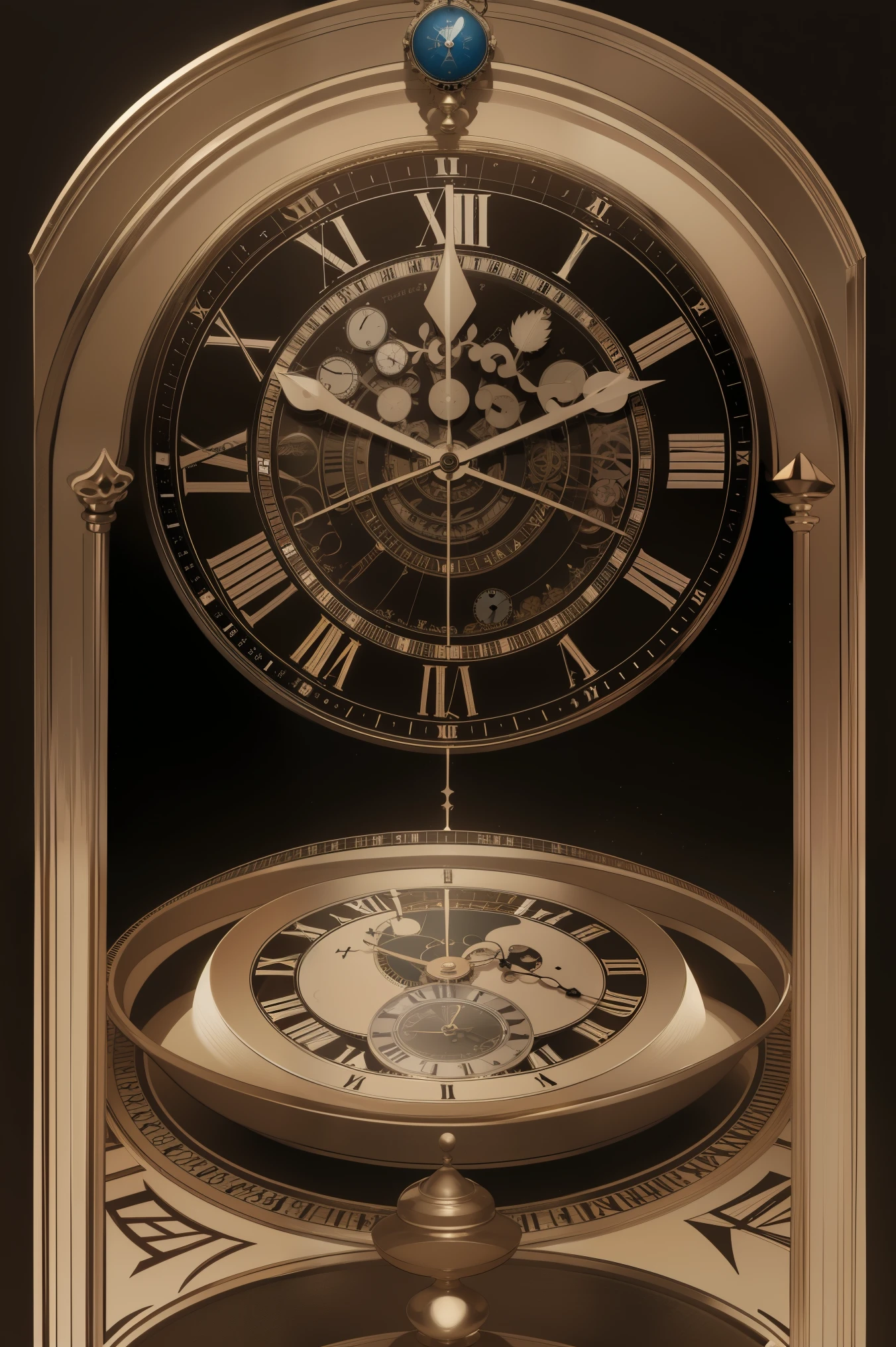 arafed image of a clock with a crown on it, an engraving inspired by Petros Afshar, tumblr, conceptual art, the flow of time. complex shapes, abstract occult epic composition, the orb of time, pocketwatch, pocket watch, a rustic album cover of a clock, time displacement device, astrolabe, poster illustration, infinite space clock background, white hair, blue eyes, x hair ornament,