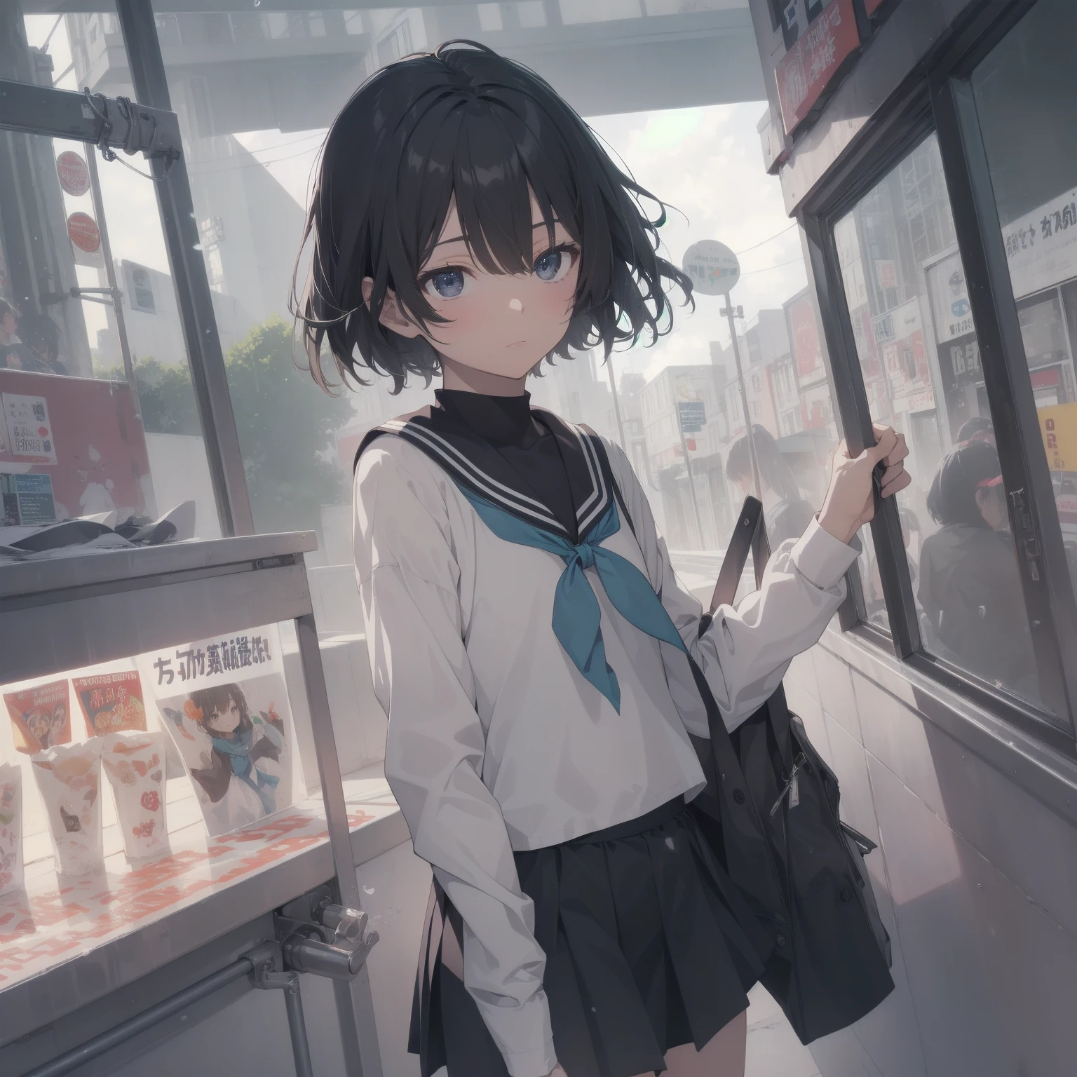 ultra-absurdres-Top quality by artist God, ultra-detailed, high resolution, anime moe artstyle, best anime 8k konachan wallpaper, pixiv contest winner, pool:2810, perfect anatomy,break, 1girl, (Please draw a girl walking sleepily to school alone. )break,(Solo,little female, 13-year-old:1.3),Full limbs, complete fingers,a junior high school student, (very short hair), short cut, flat chest, , small butt, small black eyes, beautiful detailed eyes, well-proportioned iris and pupils, expressive eyes, highres detailed hair, soft expression, salor school_uniform, sailor collar, serahuku, bow, pleated skirt,(Detailed Lighting), (Detailed background), in the School commute route. break,super detailed skin, Best cinematic lighting powered by famous artist, 8k,beauty illustration,photoshop_(medium),very aesthetic,break,((artist:anti_(untea9) )), artist:clamp ,artist:carnelian ,artist:kantoku ,
