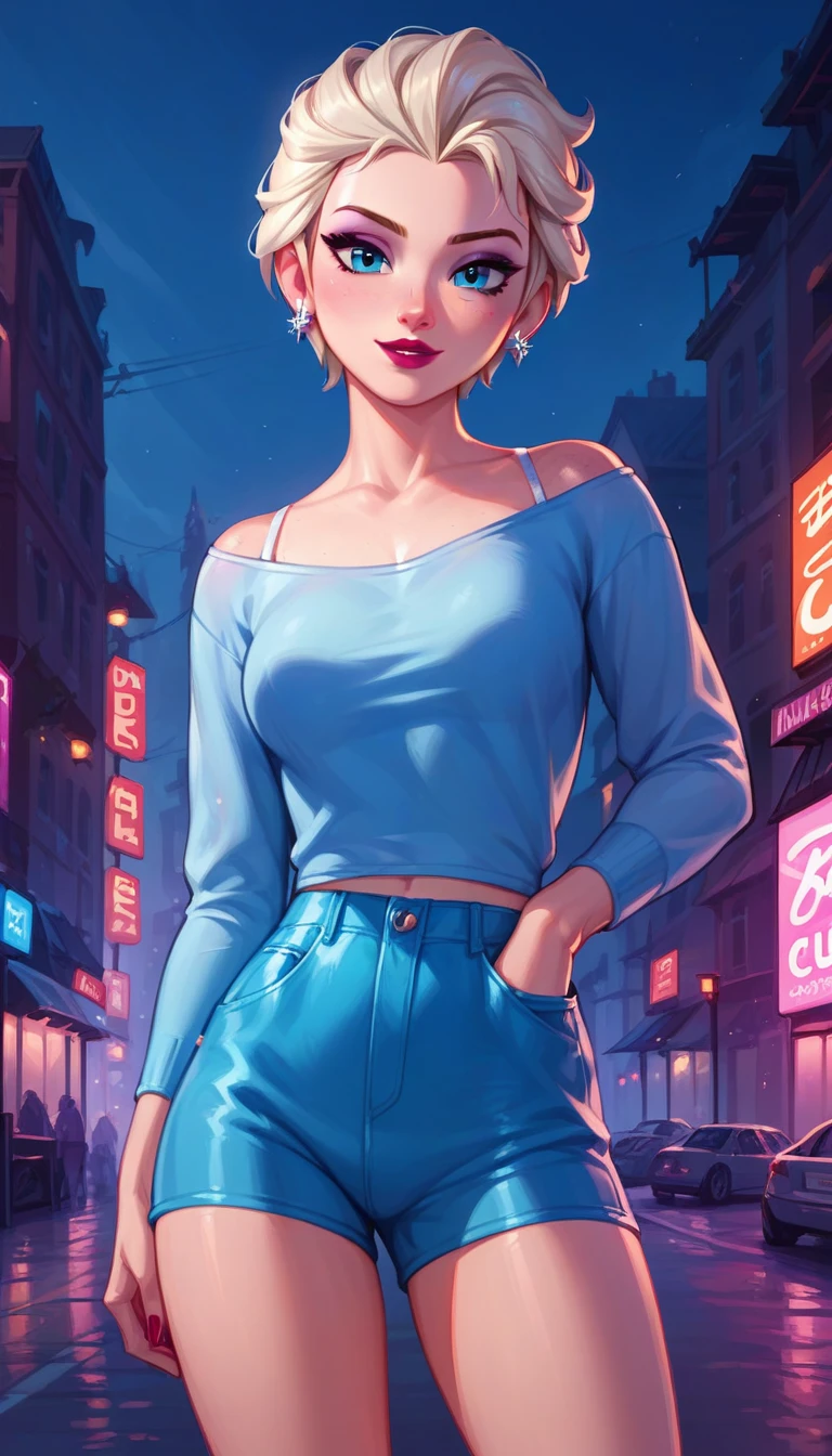 score_9, score_8_up, score_7_up, score_6_up, elsa, short hair, club romper with pockets, cinematic lighting,, looking at viewer, city background,