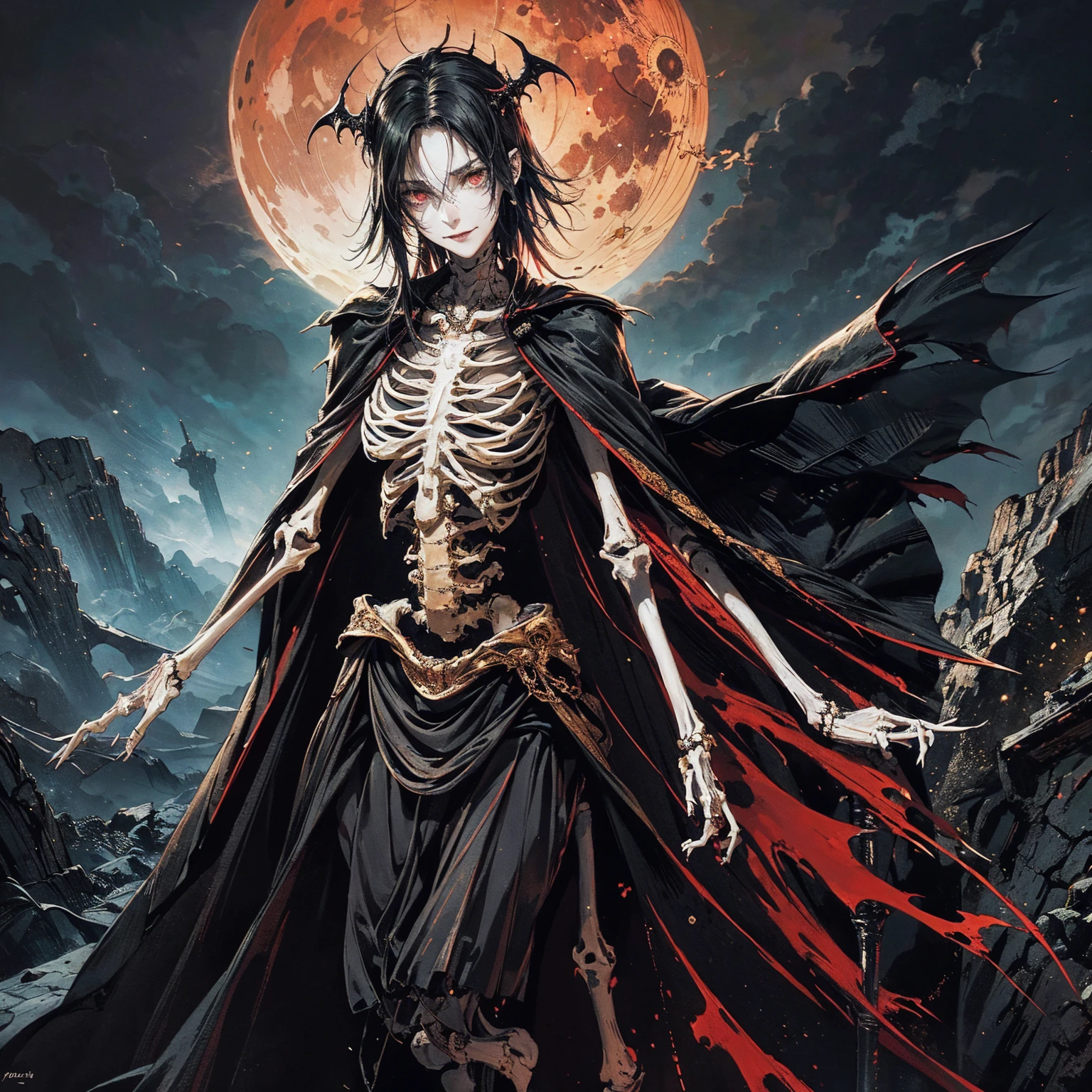 full-body shot, best quality, 4K, high resolution, masterpiece, Very detailed, Mood lighting, An undead girl in a long cape, Whole body including hands & arms & legs & feet are all skeleton bones but except the head is still beautiful human face, Wearing a ragged gothic skirt, Aloofness emotion, Dangerous sneer, Beautiful but sad smile, Black Hair, Standing, Facing the camera, Crucified, Pitch black sky, Blood-red moon, strange atmosphere, Gothic style, Unforgettable beauty, Dramatic shadows, Ethereal Light, Mysterious atmosphere.