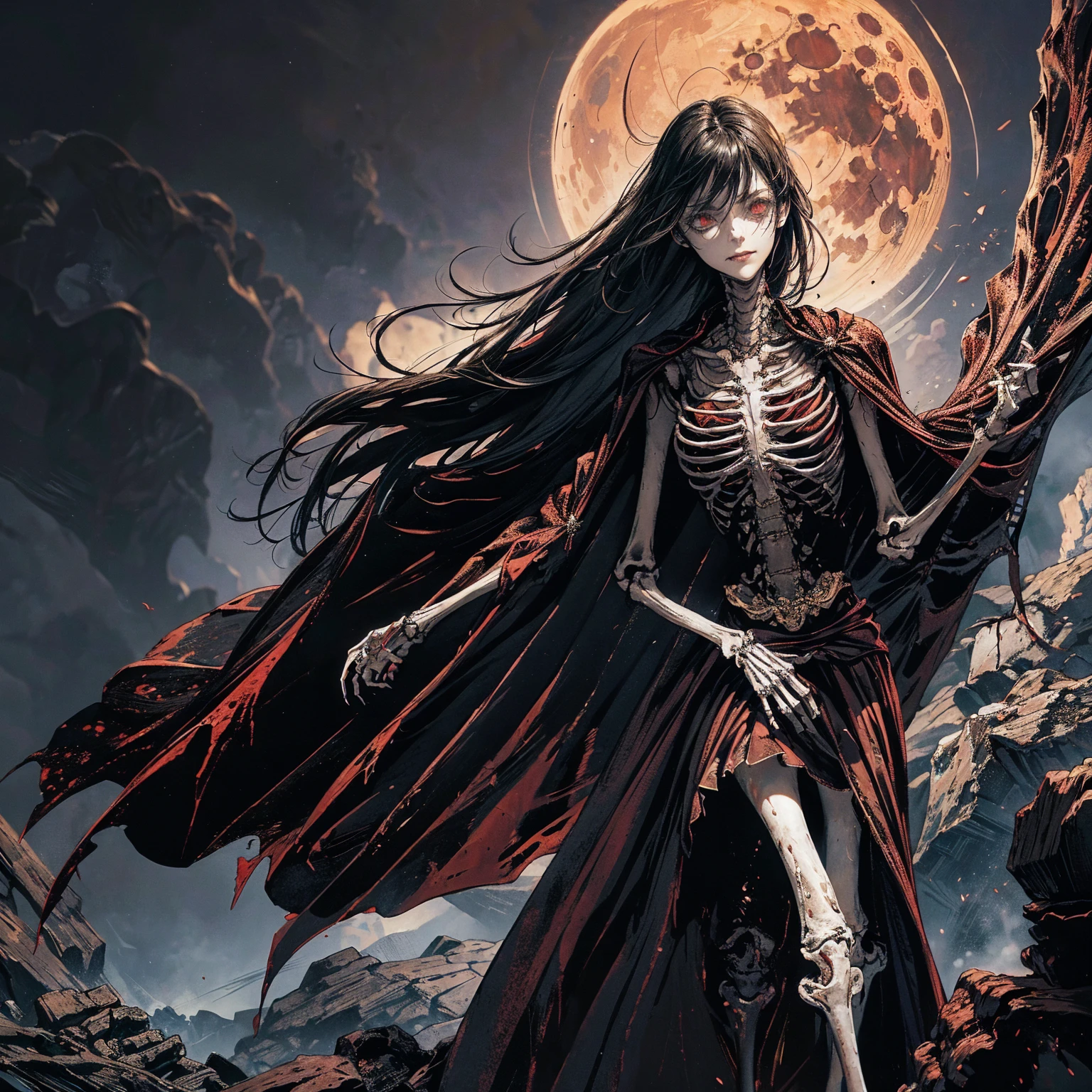 full-body shot, best quality, 4K, high resolution, masterpiece, Very detailed, Mood lighting, An undead girl in a long cape, Whole body including hands & arms & legs & feet are all skeleton bones but except the head is still beautiful human face, Wearing a ragged gothic skirt, Aloofness emotion, Dangerous sneer, Beautiful but sad smile, Black Hair, Standing, Facing the camera, Crucified, Pitch black sky, Blood-red moon, strange atmosphere, Gothic style, Unforgettable beauty, Dramatic shadows, Ethereal Light, Mysterious atmosphere.