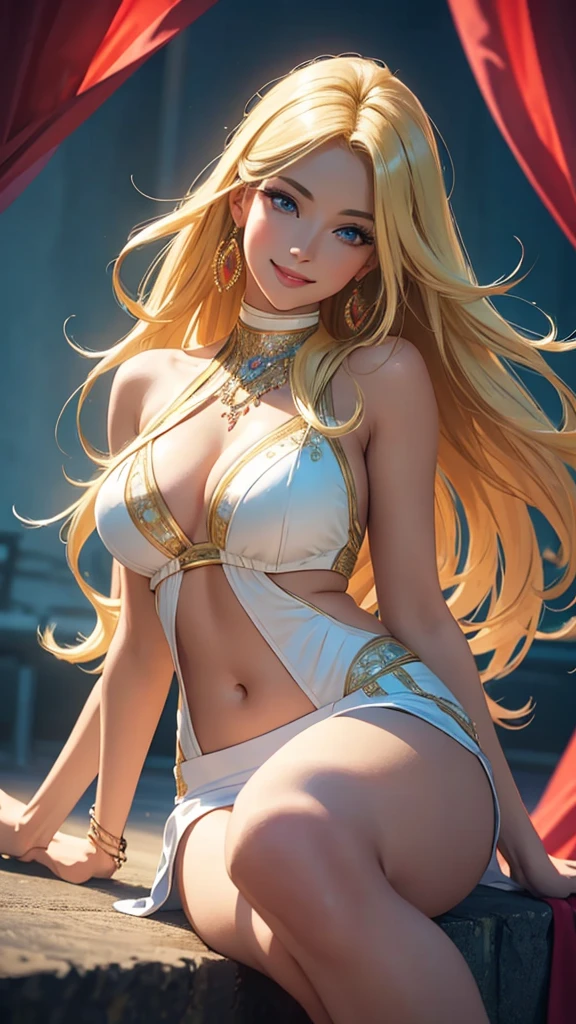 (best quality,ultra-detailed,photo-realistic:1.37),bright and vibrant colors,studio lighting,playful expression,stylish makeup,long blonde hair flowing in the wind,alluring eyes,glossy lips,y pose, Tennis, smiling in a confident and seductive way,posing for a professional photoshoot,shallow depth of field,highlighting the main subject,soft natural lighting,creating a dreamy and magical atmosphere.