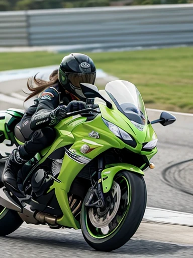city, road,KAWASAKI super sports motorcycle,female rider,motion blur:1.2
