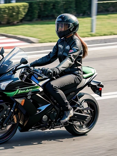 city, road,KAWASAKI super sports motorcycle,female rider,motion blur:1.2