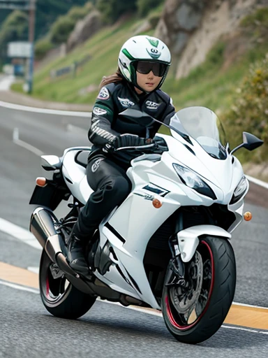 city, road,KAWASAKI super sports motorcycle,female rider,motion blur:1.2