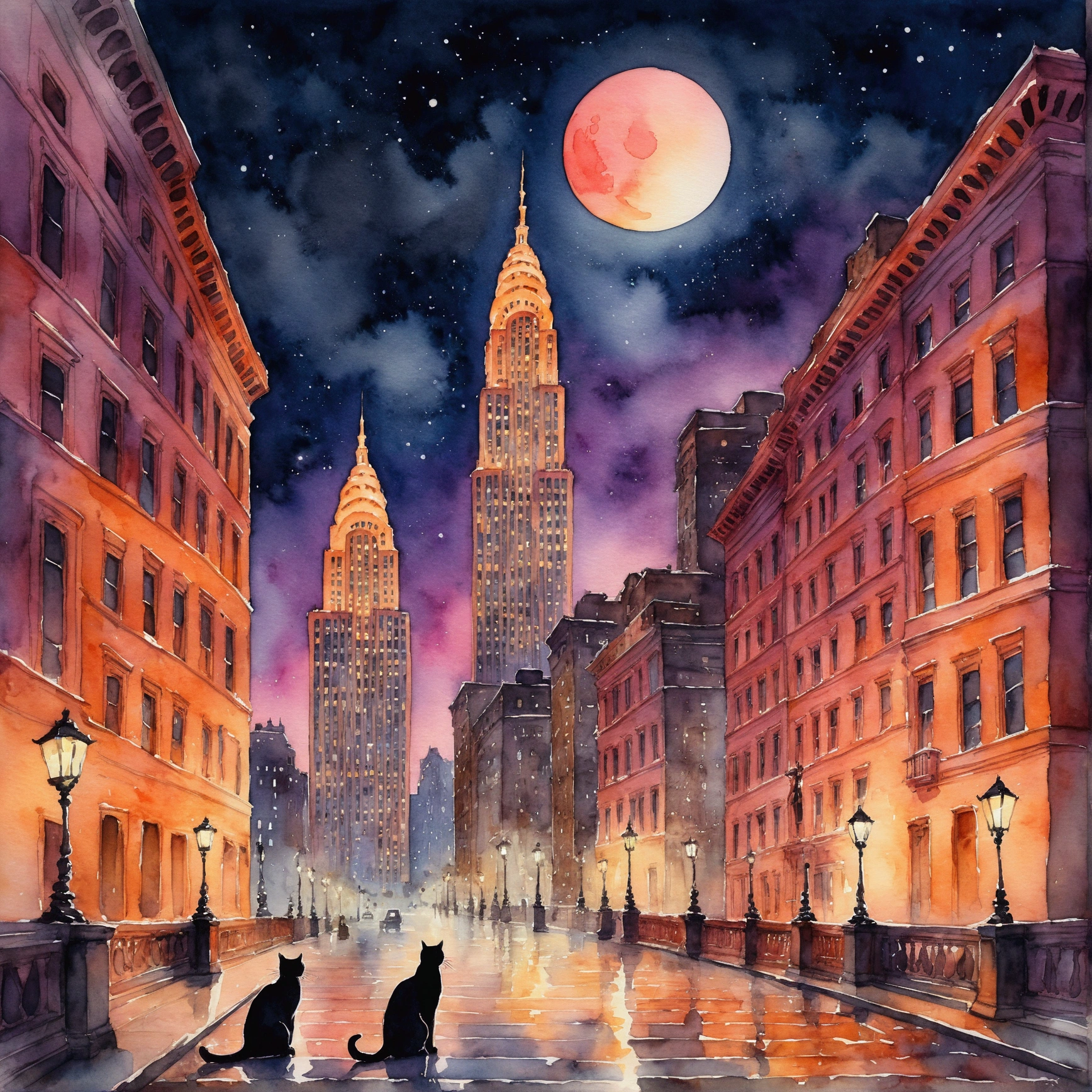 Mysterious, Ethereal January Night in Watercolor Style. pink々The Rockefeller building that became、Adds a touch of evil to the scene. The colors are vivid, The texture of the brush strokes adds depth to the surreal atmosphere.. Moonlit nights create a dreamy atmosphere, Haunting, melancholic, intricate and detailed、The background is light orange、A cat is walking